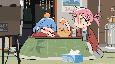 grayfax software, original, commentary request, lowres, 2girls, ahoge, alternate costume, blue hair, blush, closed eyes, food, fruit, kotatsu, long hair, mandarin orange, multiple girls, pink hair, table, yellow eyes