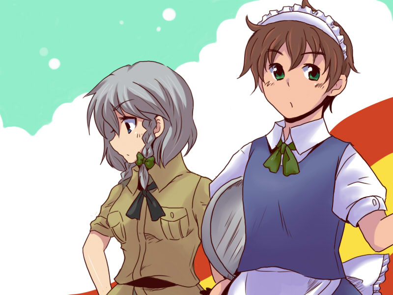 toto (hitori othello), izayoi sakuya, spain (hetalia), axis powers hetalia, touhou, alternate costume, braid, cosplay, costume switch, crossdressing, crossdressing (mtf), enmaided, izayoi sakuya (cosplay), maid, male focus, male maid, ribbon, role reversal, short hair, spain (hetalia) (cosplay)
