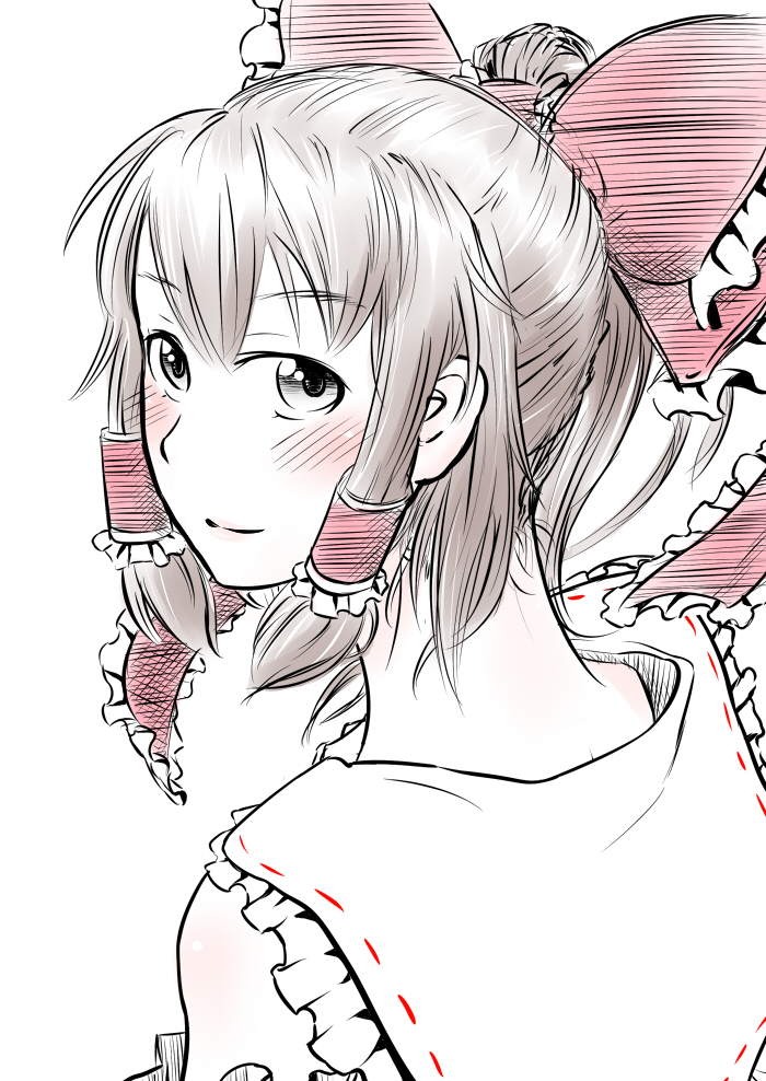 yoekosukii, hakurei reimu, touhou, 1girl, blush, female focus, lips, partially colored, portrait, sketch, solo