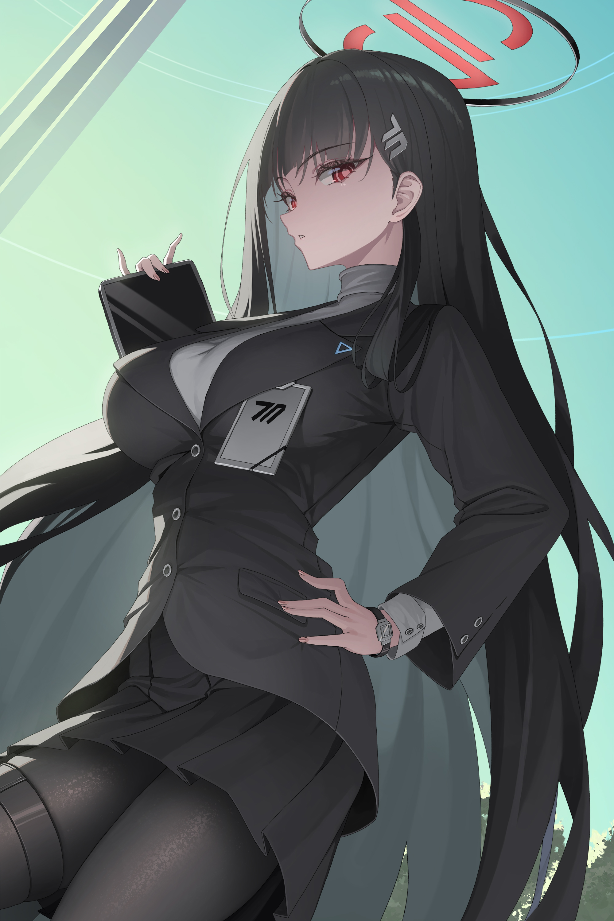 bowlp, rio (blue archive), blue archive, absurdres, commentary, highres, 1girl, black hair, black jacket, black pantyhose, black skirt, breasts, fingernails, halo, hand on own hip, holding, holding tablet pc, id card, jacket, large breasts, long hair, long sleeves, looking at viewer, miniskirt, pantyhose, pleated skirt, red eyes, ringed eyes, skirt, solo, straight hair, sweater, tablet pc, thigh strap, very long hair, watch, white sweater, wristwatch