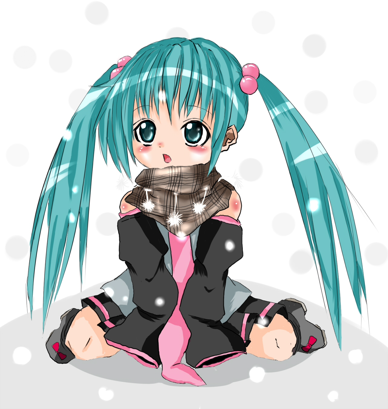 nm kuro, hatsune miku, petite miku, vocaloid, bad id, bad pixiv id, highres, alternate color, aqua eyes, aqua hair, blush, child, long hair, scarf, snow, solo, twintails