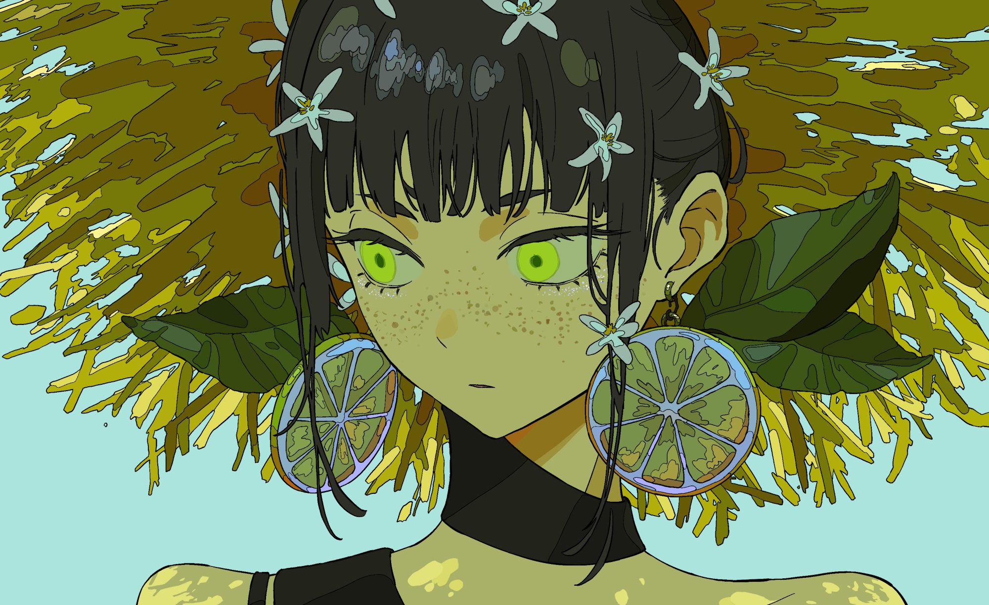 tsukii (t s u k i i), original, commentary, highres, 1girl, asymmetrical clothes, bare shoulders, black hair, blue background, earrings, flower, food-themed earrings, food themed earrings, freckles, green eyes, hair flower, hair ornament, hat, jewelry, leaf, lemon blossoms, lemon earrings, looking to the side, simple background, solo, straw hat, upper body