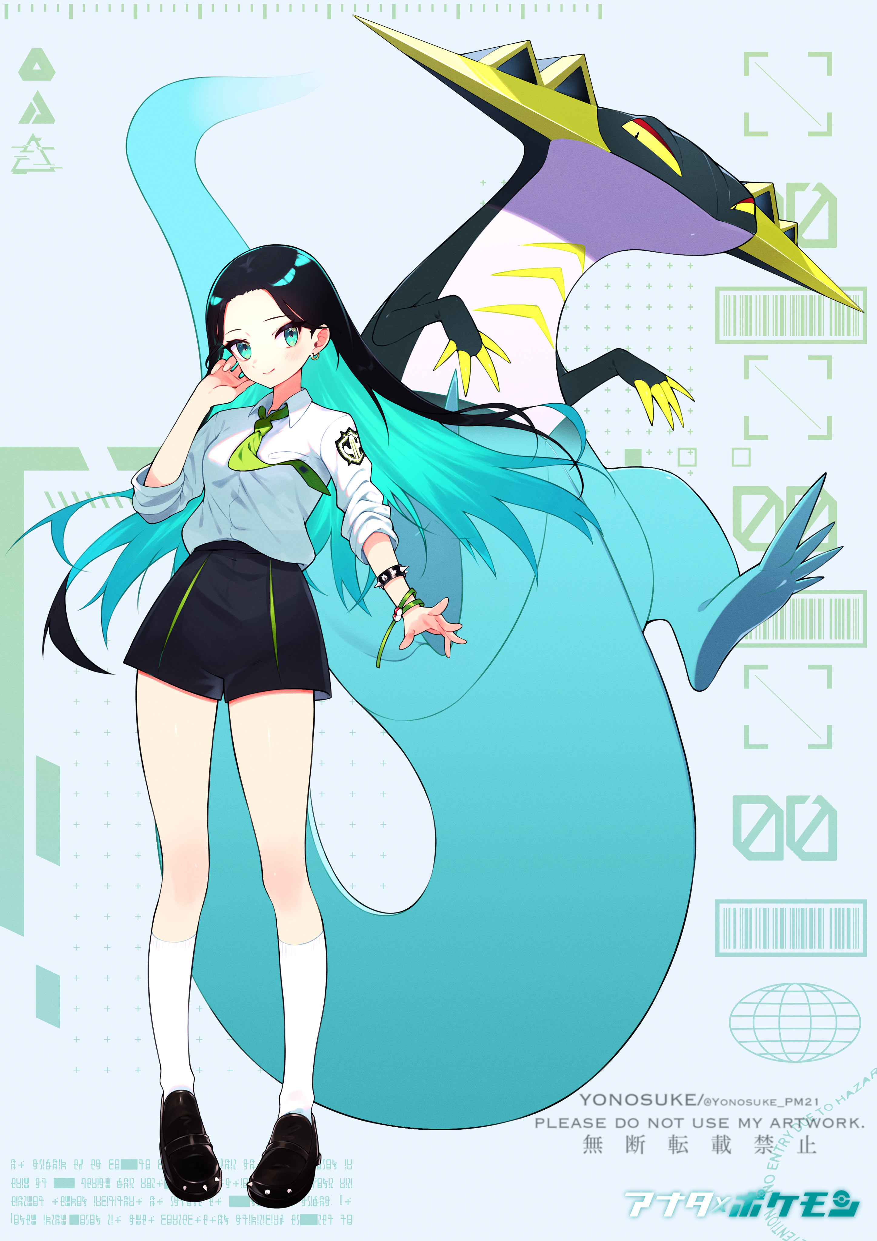 u tei, dragapult, nintendo, original, pokemon, absurdres, commentary request, highres, 1girl, black hair, black shoes, black shorts, bracelet, closed mouth, colored inner hair, earrings, full body, gen 8 pokemon, green necktie, jewelry, long hair, looking at viewer, multicolored hair, necktie, pokemon (creature), shirt, shoes, shorts, socks, solo, white shirt, white socks