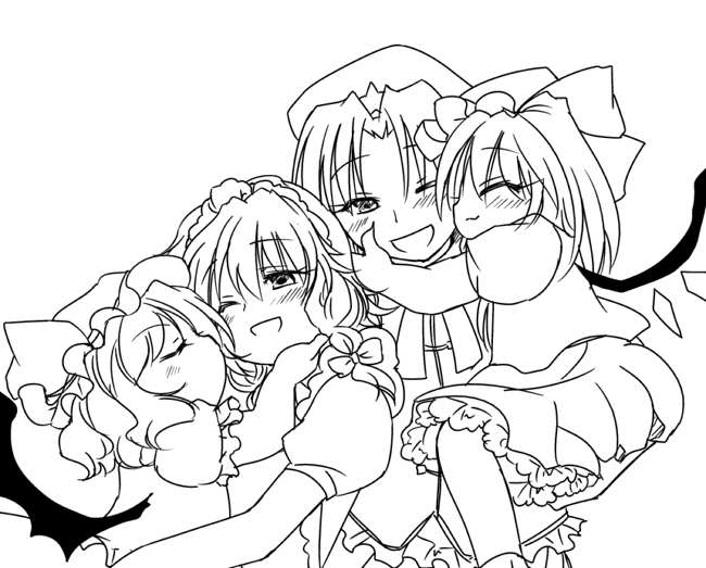 cherry blossoms (artist), sakura (doors), flandre scarlet, hong meiling, izayoi sakuya, remilia scarlet, embodiment of scarlet devil, touhou, 4girls, female focus, greyscale, hat, hug, maid, monochrome, multiple girls, one eye closed, ribbon, simple background, skirt, white background, wink