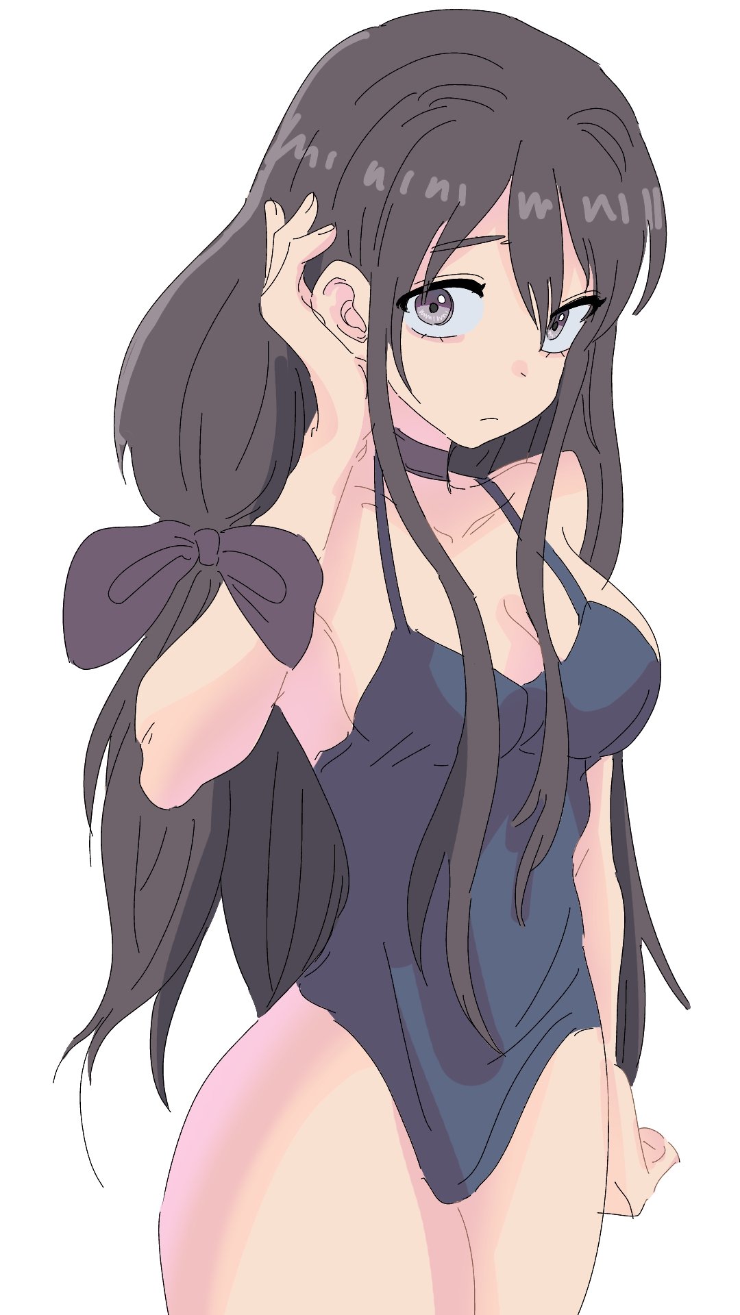 original, highres, 1girl, black choker, black hair, bow, breasts, choker, cleavage, closed mouth, cowboy shot, hair between eyes, hair bow, long hair, looking at viewer, medium breasts, ribbon, solo, striped background, very long hair, woomikon