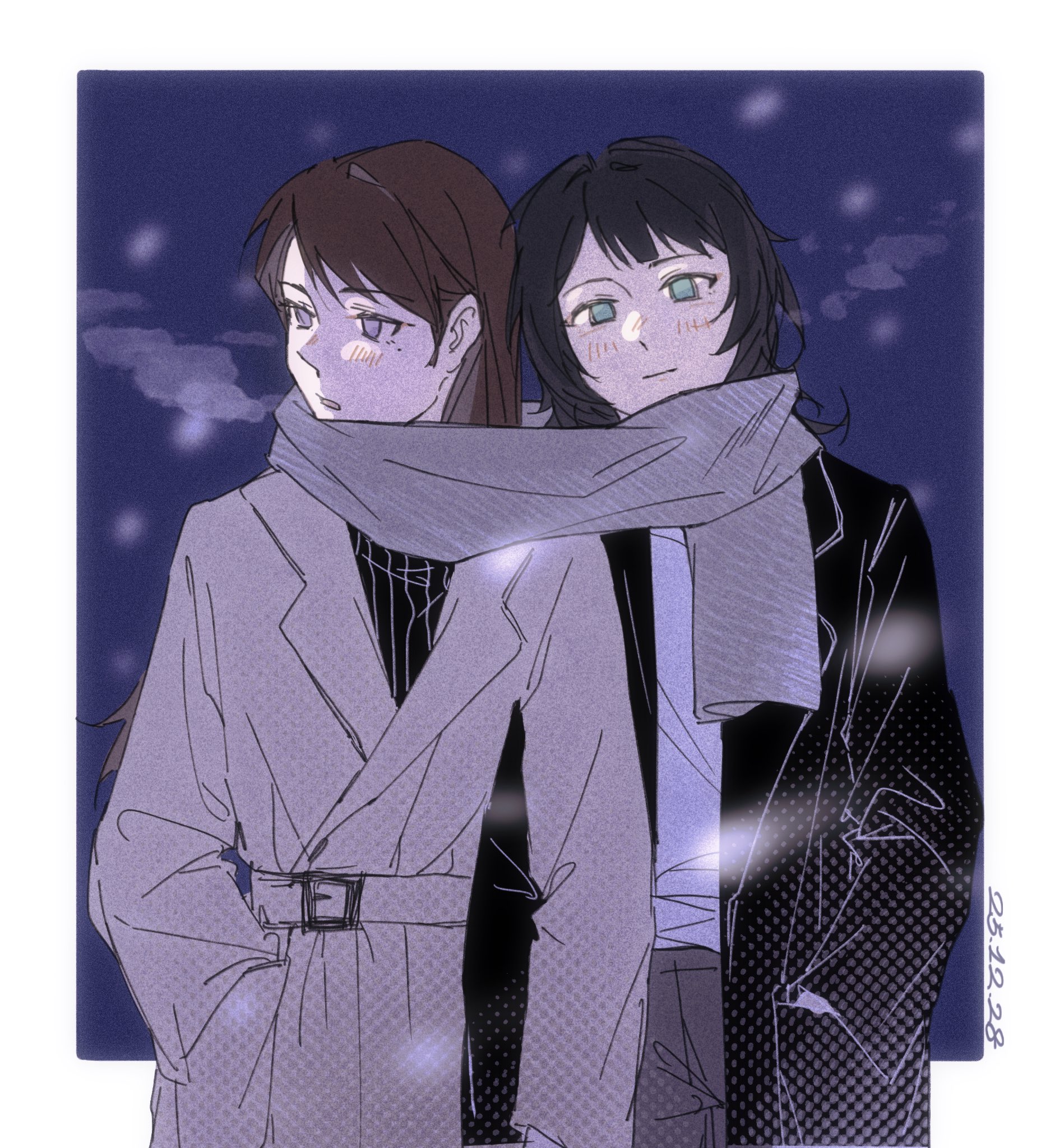 shiina taki, yahata umiri, bang dream!, bang dream! it's mygo!!!!!, commentary, highres, symbol-only commentary, 2girls, black hair, black jacket, border, breath, brown hair, closed mouth, coat, eyouu111111, green eyes, grey coat, grey scarf, hand in pocket, holding hands, jacket, long sleeves, medium hair, mole, mole under eye, multiple girls, open mouth, outside border, purple eyes, scarf, shared clothes, shared scarf, white border