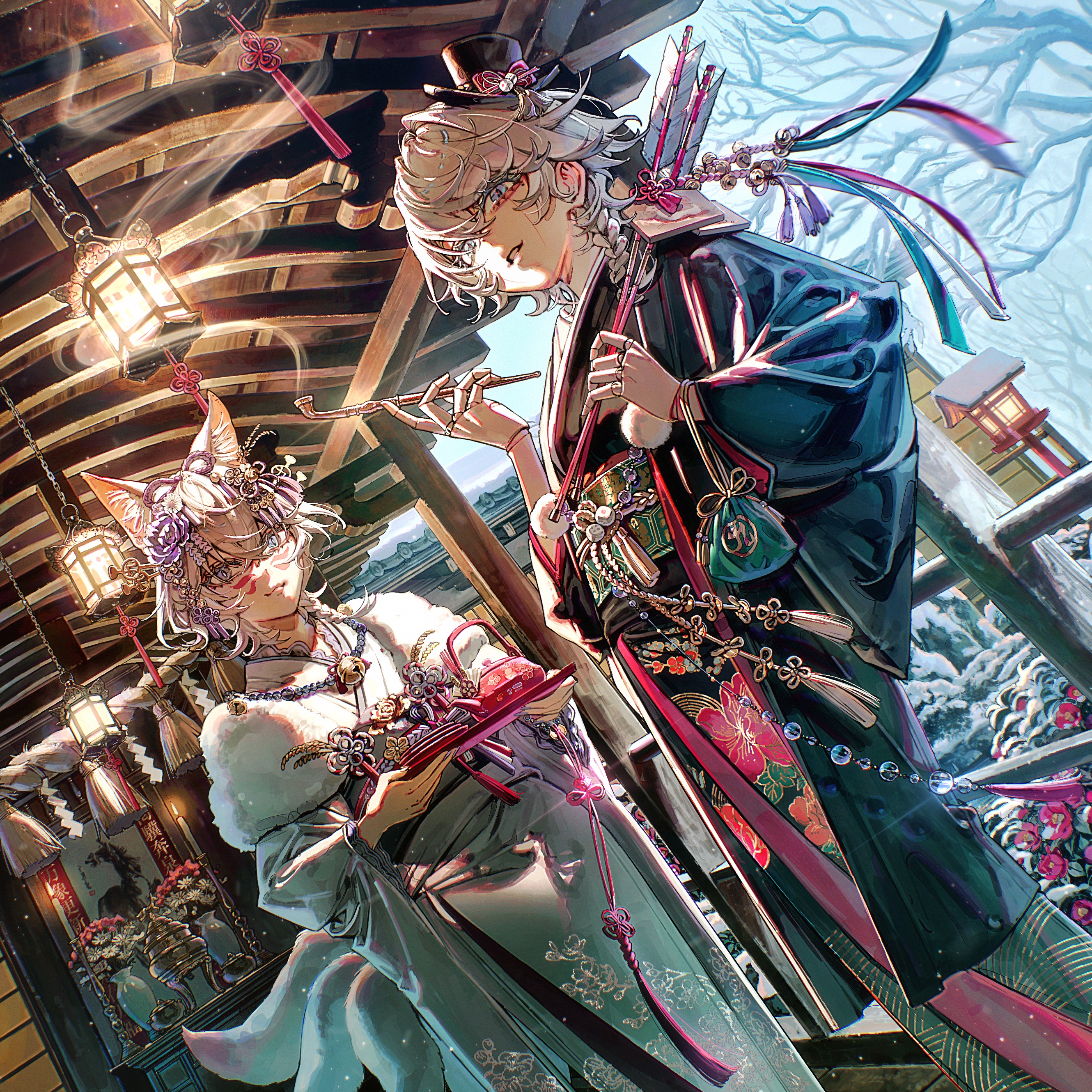 denn (naluse flow), indie utaite, absurdres, commentary request, highres, official art, 2girls, 9lana, :3, animal ear fluff, animal ears, architecture, bell, black hat, black kimono, braid, crossed bangs, doll, doll joints, east asian architecture, facial mark, fox ears, fox girl, hair bell, hair between eyes, hair ornament, hands up, happy new year, hat, holding, holding smoking pipe, holding tray, japanese clothes, joints, kanzashi, kimono, lantern, long sleeves, looking at viewer, medium hair, multiple girls, multiple tails, new year, outdoors, purple eyes, purple nails, railing, smoking pipe, snow, tail, tray, utaite, white hair, wide sleeves, wooden railing