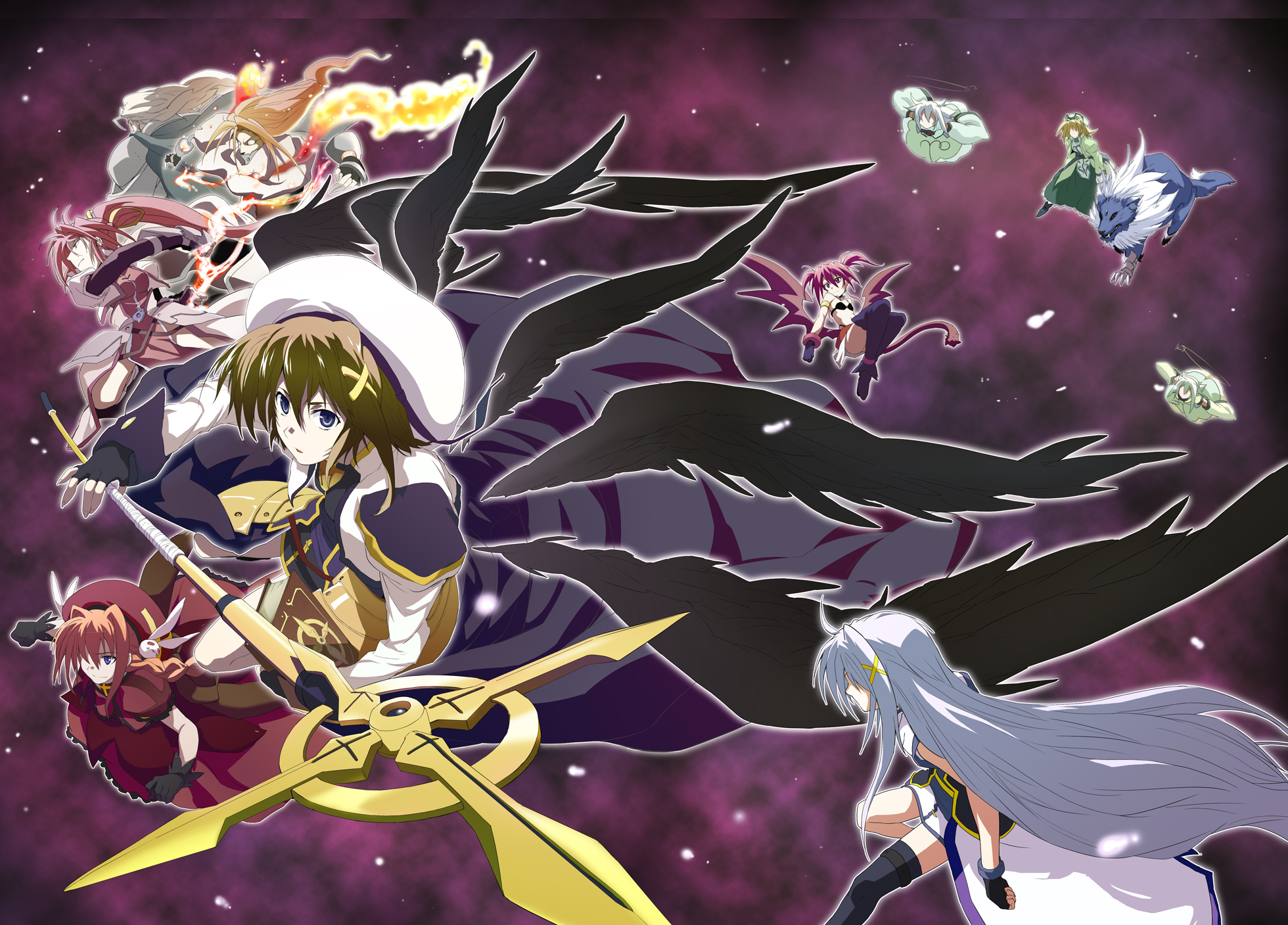 yuu-yuu, agito, agito (nanoha), graf eisen, klarwind, laevatein (nanoha), reinforce zwei, schwertkreuz, shamal, signum, tome of the night sky, vita (nanoha), yagami hayate, zafira, lyrical nanoha, mahou shoujo lyrical nanoha, mahou shoujo lyrical nanoha a's, mahou shoujo lyrical nanoha strikers, highres, 00s, 2boys, 6+girls, blonde hair, blue eyes, braid, brown hair, fire, gloves, long hair, mini person, minigirl, multiple boys, multiple girls, personification, pink hair, ponytail, red hair, short hair, staff, twin braids, twintails, wings