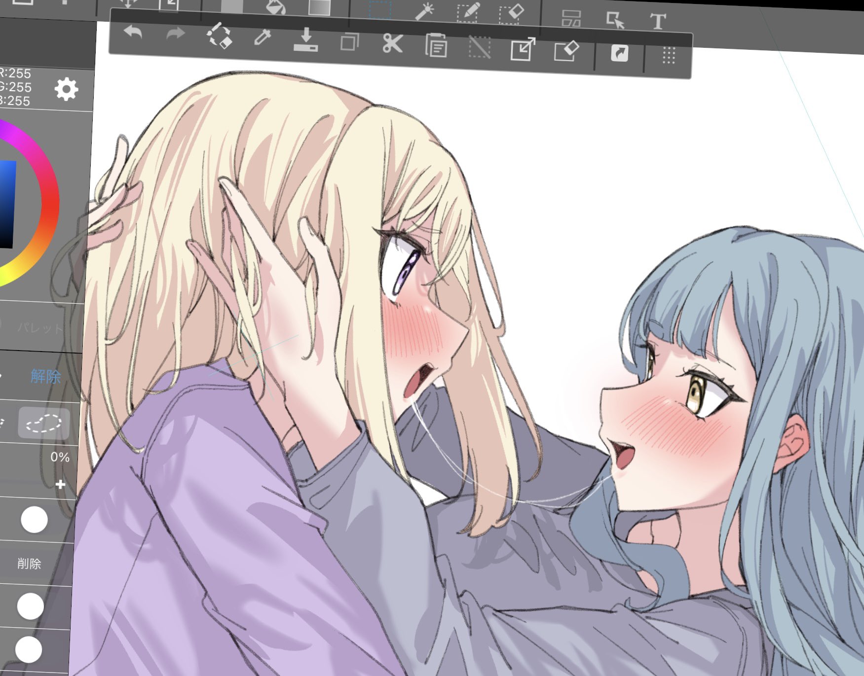 extreme yuri buta, misumi uika, togawa sakiko, bang dream!, bang dream! it's mygo!!!!!, commentary request, highres, 2girls, art program in frame, blonde hair, blue hair, blue shirt, blush, hands on another's head, long hair, looking at another, multiple girls, open mouth, purple eyes, purple shirt, saliva, saliva trail, shirt, sidelocks, yellow eyes, yuri