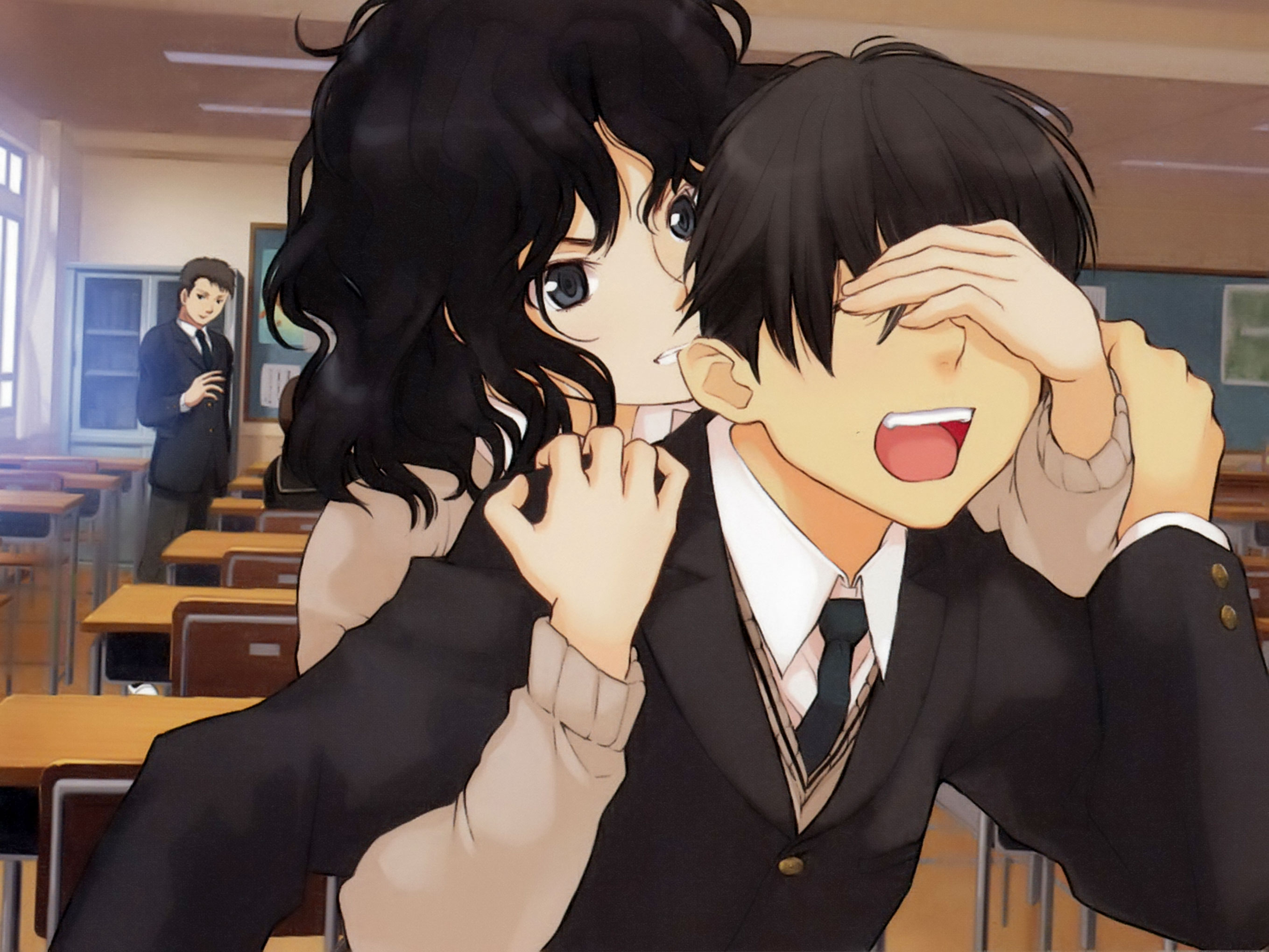 takayama kisai, tachibana jun'ichi, tanamachi kaoru, amagami, biting ear, game cg, highres, 1girl, 2boys, biting, black eyes, black hair, classroom, couple, covering face, covering own eyes, covering privates, curly hair, desk, hetero, indoors, messy hair, multiple boys, restrained, school, school desk, school uniform, short hair, sweater, wavy hair