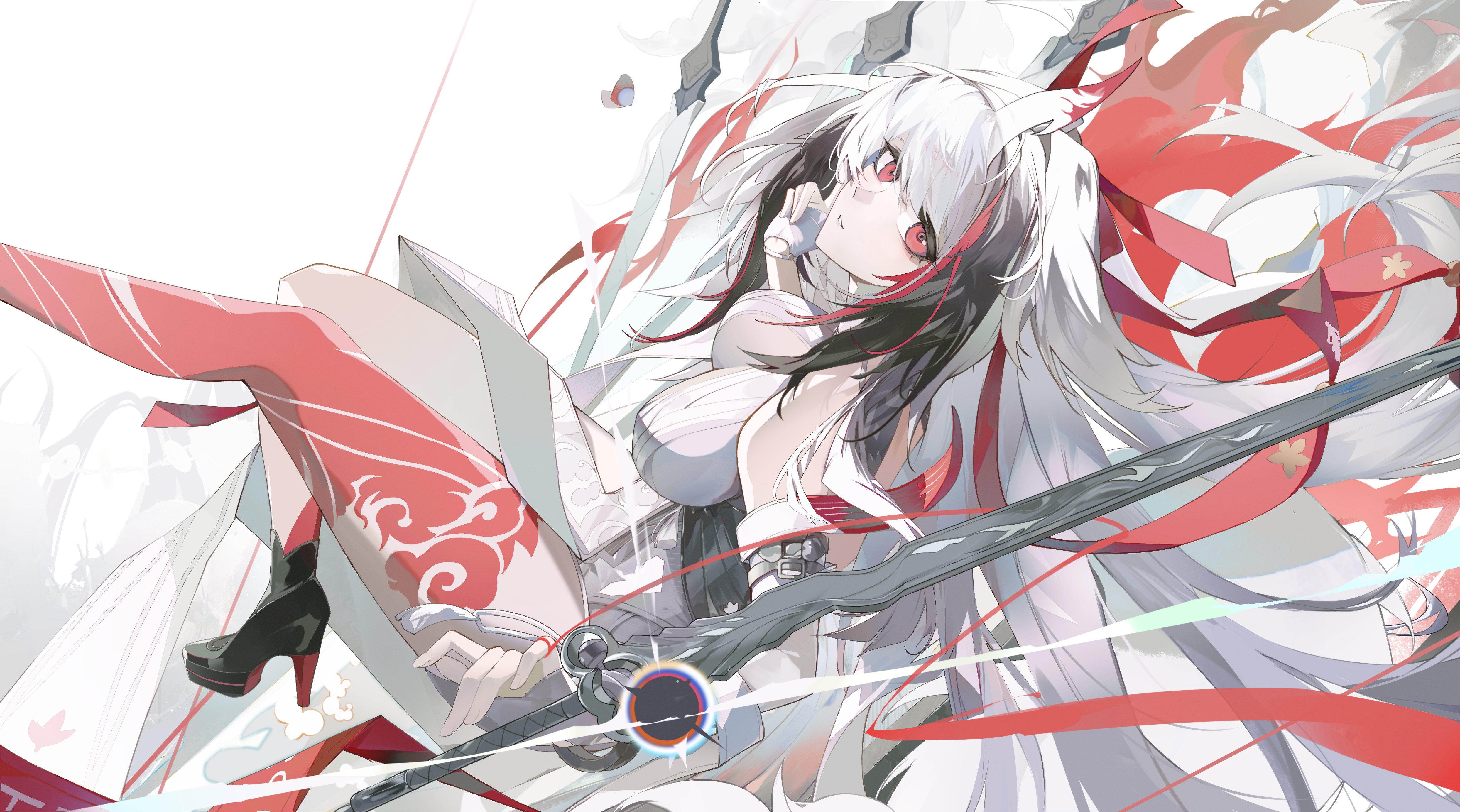 tuzi yan, ye shunguang, zenless zone zero, absurdres, commentary, highres, alternate form, breasts, china dress, chinese clothes, dress, droopy ears, gradient hair, headband, horns, horse girl, large breasts, leg tattoo, long hair, multicolored hair, platform heels, qingming sword, red eyes, red tattoo, ribbon, single horn, streaked hair, tattoo, thighs, very long hair, white hair