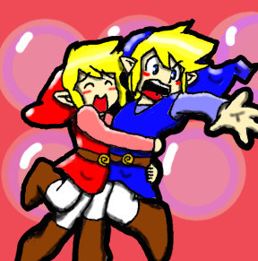 link, nintendo, the legend of zelda, the legend of zelda: four swords, the legend of zelda: four swords adventures, lowres, tagme, blonde hair, blue eyes, blue tunic, boots, hug, red tunic, tunic