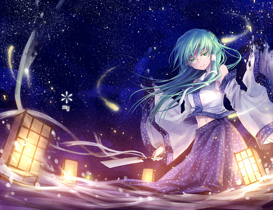kieta, kochiya sanae, touhou, 1girl, detached sleeves, female focus, frog, gohei, green eyes, green hair, hair ornament, japanese clothes, lantern, lantern on liquid, long hair, matching hair/eyes, oonusa, paper lantern, sky, snake, solo, star (sky), star (symbol), starry sky, water