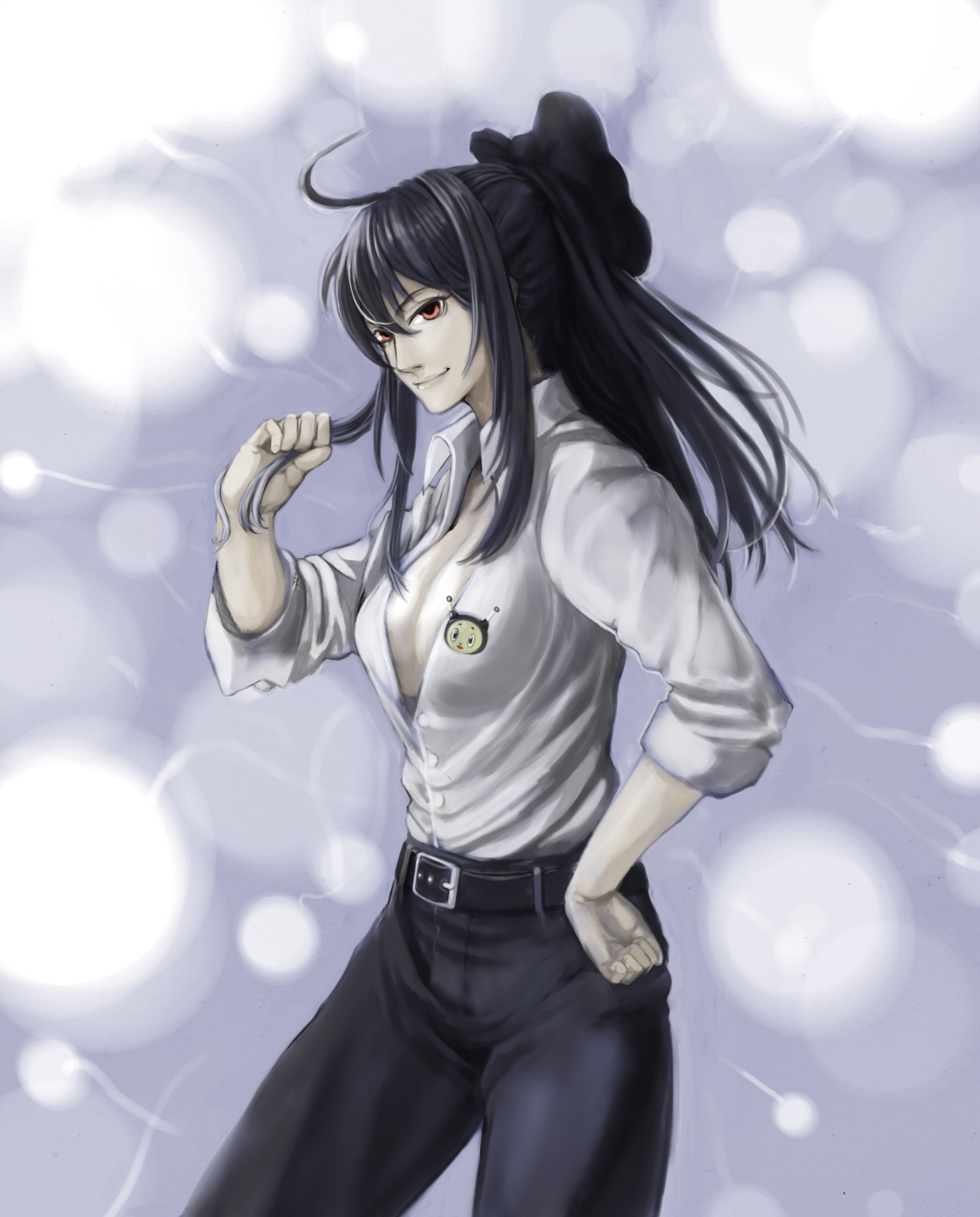 okitsune (kitsunegako), hamutz meseta, tatakau shisho, highres, 00s, 1girl, adjusting hair, ahoge, black hair, bow, breasts, cleavage, female focus, hair bow, hand on own hip, hip focus, large breasts, long hair, open clothes, open shirt, pants, pink eyes, red eyes, ribbon, shirt, smile, solo, sparkle, unbuttoned