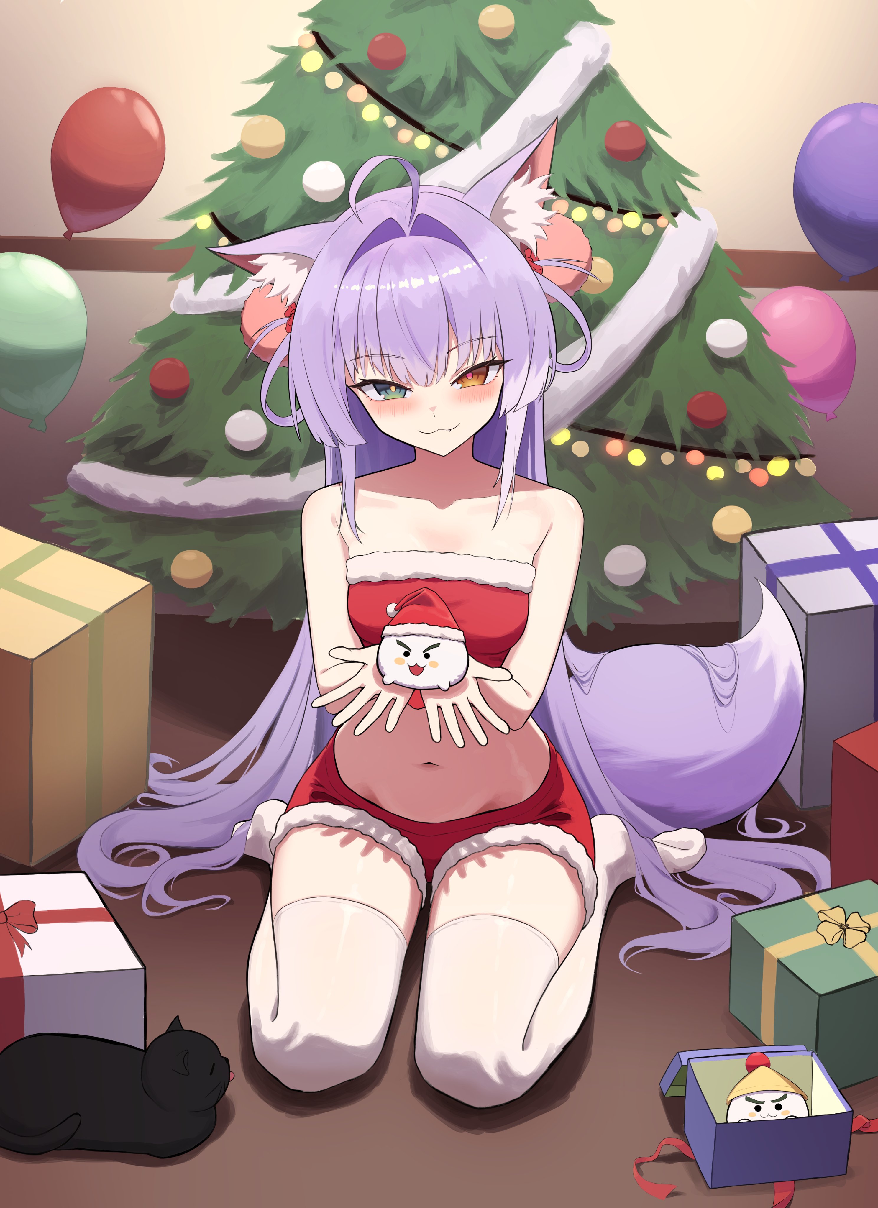 tenko shibuki, stellive, absurdres, hashtag-only commentary, highres, 1girl, ahoge, animal ear fluff, animal ears, bare shoulders, blue eyes, blush, brown eyes, christmas, christmas present, christmas tree, fang, fox ears, fox girl, fox tail, fur-trimmed shorts, fur trim, gift, hair ornament, hair rings, heterochromia, holding, indoors, looking at viewer, multicolored hair, navel, no shoes, on floor, pom pom (clothes), pom pom hair ornament, purple hair, purple tail, red shorts, short shorts, shorts, sitting, sleeveless, tail, thighhighs, tube kim11, two-tone hair, two-tone tail, virtual youtuber, wariza, white hair, white streaks, white thighhighs