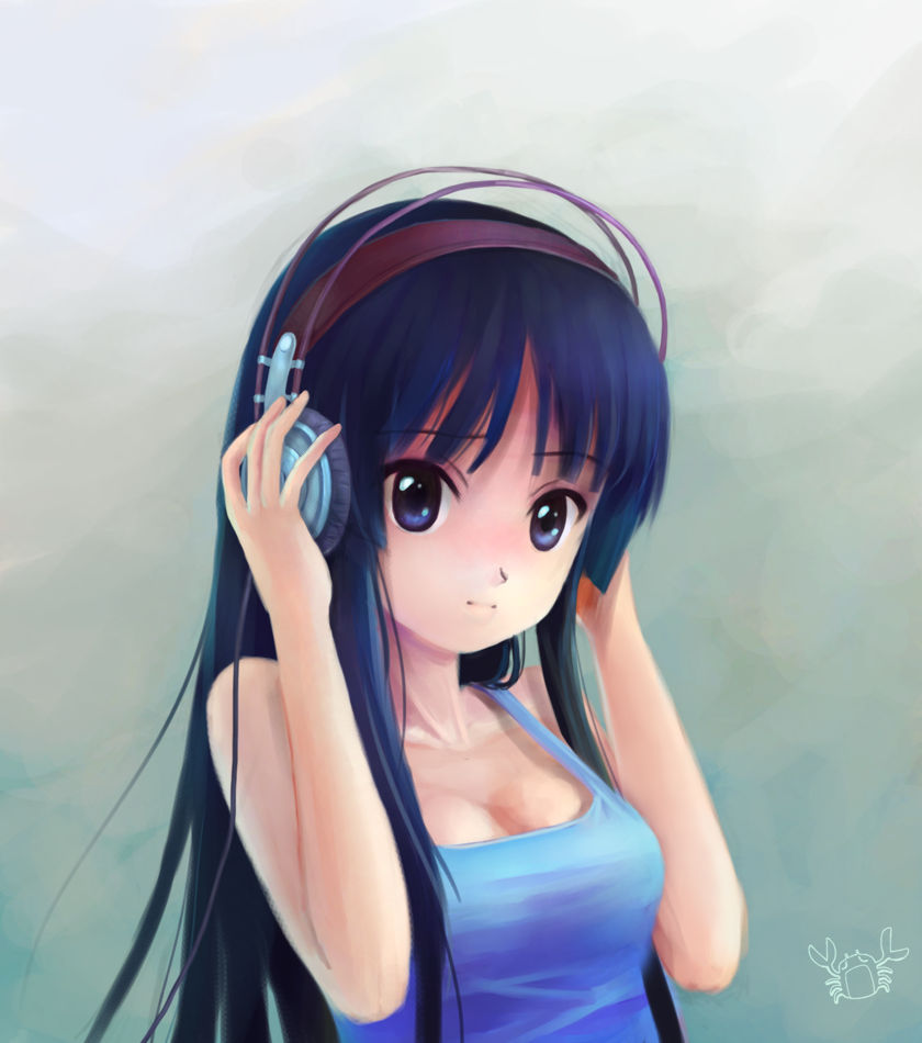 jackiexp, wudi de pangxie, akiyama mio, akg, k-on!, 1girl, akg k-series headphones, black hair, blue eyes, breasts, casual, cleavage, female focus, headphones, long hair, solo
