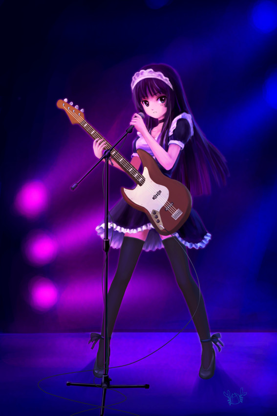 jackiexp, wudi de pangxie, akiyama mio, k-on!, bad id, bad pixiv id, 00s, 1girl, alternate costume, bass guitar, black eyes, black hair, enmaided, female focus, guitar, instrument, legs, long hair, maid, microphone, microphone stand, ribbon, solo, stage lights, thighhighs, zettai ryouiki