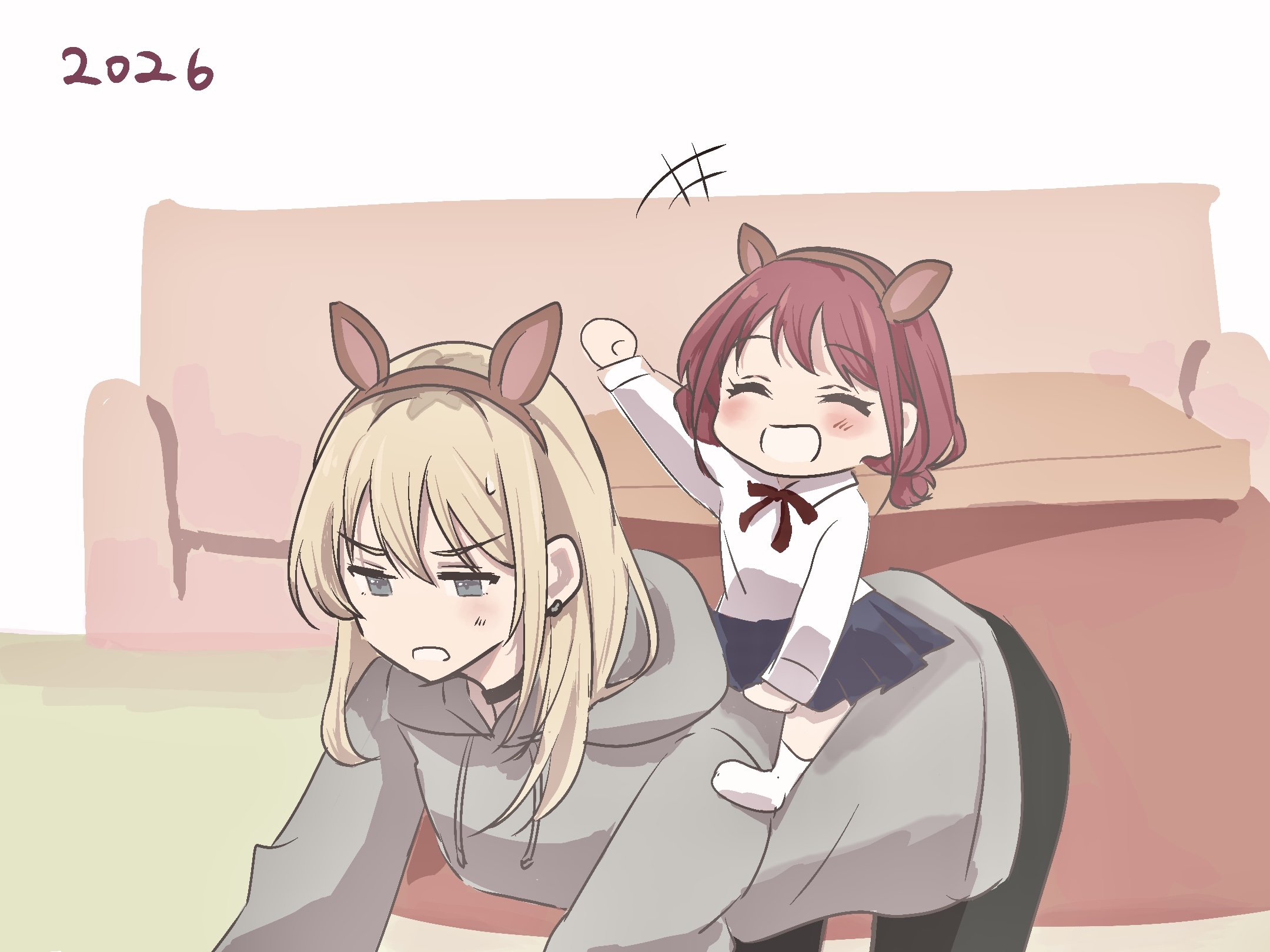 iseri nina, kawaragi momoka, girls band cry, commentary request, highres, 2026, 2girls, all fours, animal ears, black choker, black pants, blonde hair, blue skirt, brown hair, chibi, choker, closed eyes, fake animal ears, grey eyes, grey hoodie, hood, hood down, hoodie, low twintails, multicolored hair, multiple girls, open mouth, pants, roots (hair), salted butter m, shirt, short hair, short twintails, skirt, twintails, white shirt