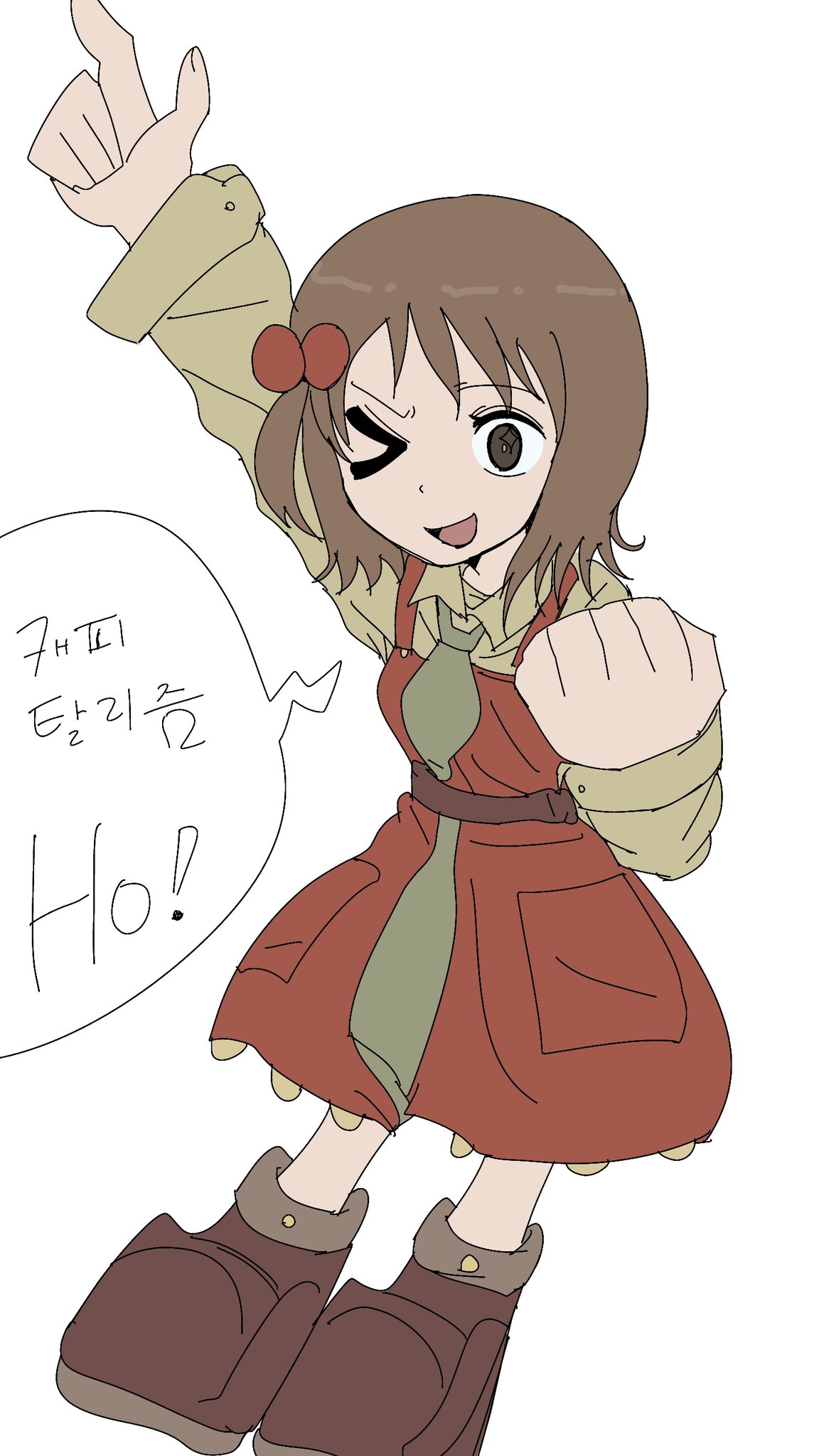 recette lemongrass, recettear, highres, 1girl, boots, brown hair, clenched hand, dress, english text, full body, hair ornament, long sleeves, necktie, one eye closed, open mouth, pointing, short hair, smile, solo, speech bubble, woomikon