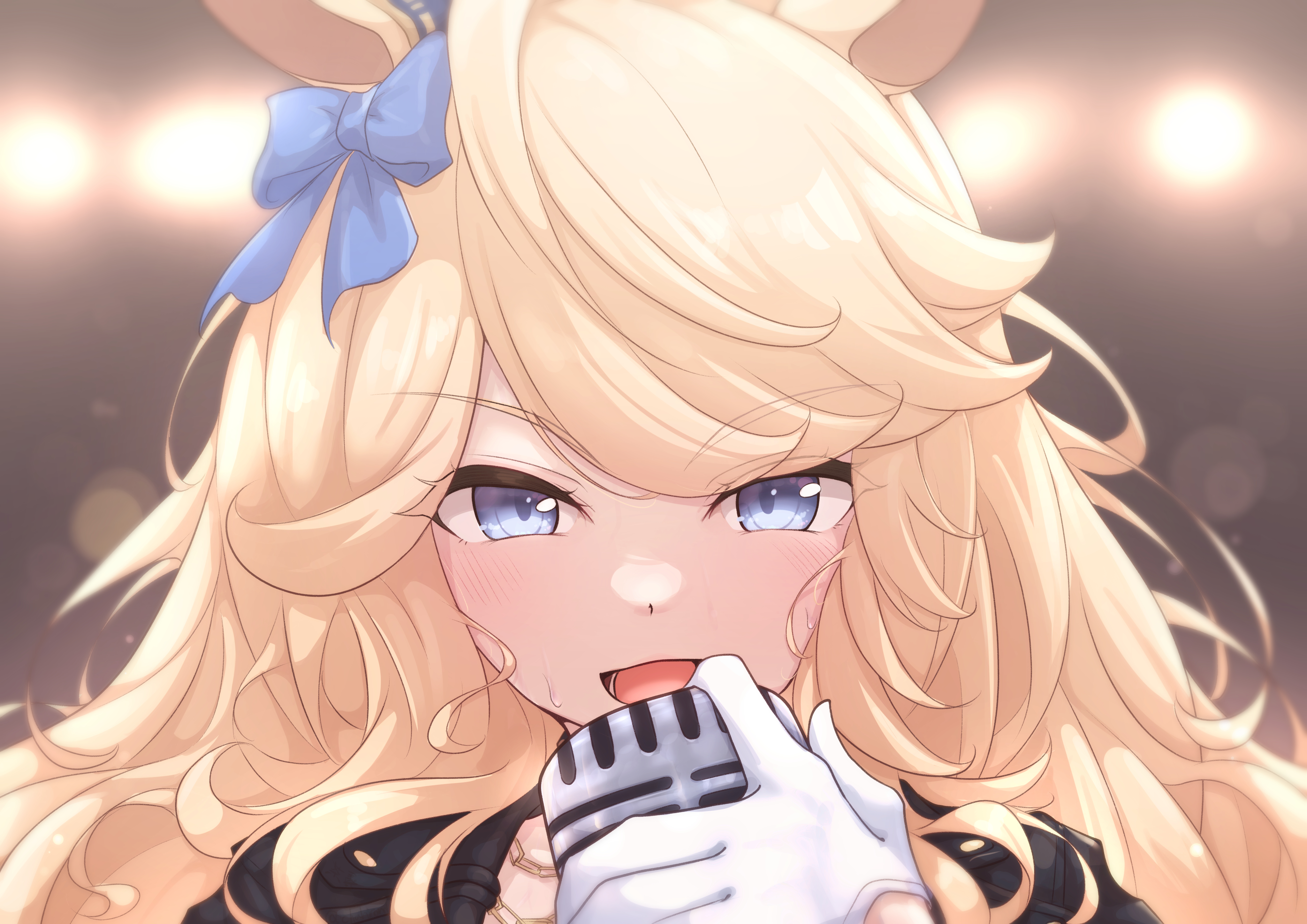 chahiro, gold city (umamusume), umamusume, absurdres, commentary request, highres, 1girl, animal ears, blonde hair, blue bow, blue eyes, bow, gloves, holding, holding microphone, horse ears, horse girl, long hair, microphone, music, portrait, singing, sweat, white gloves