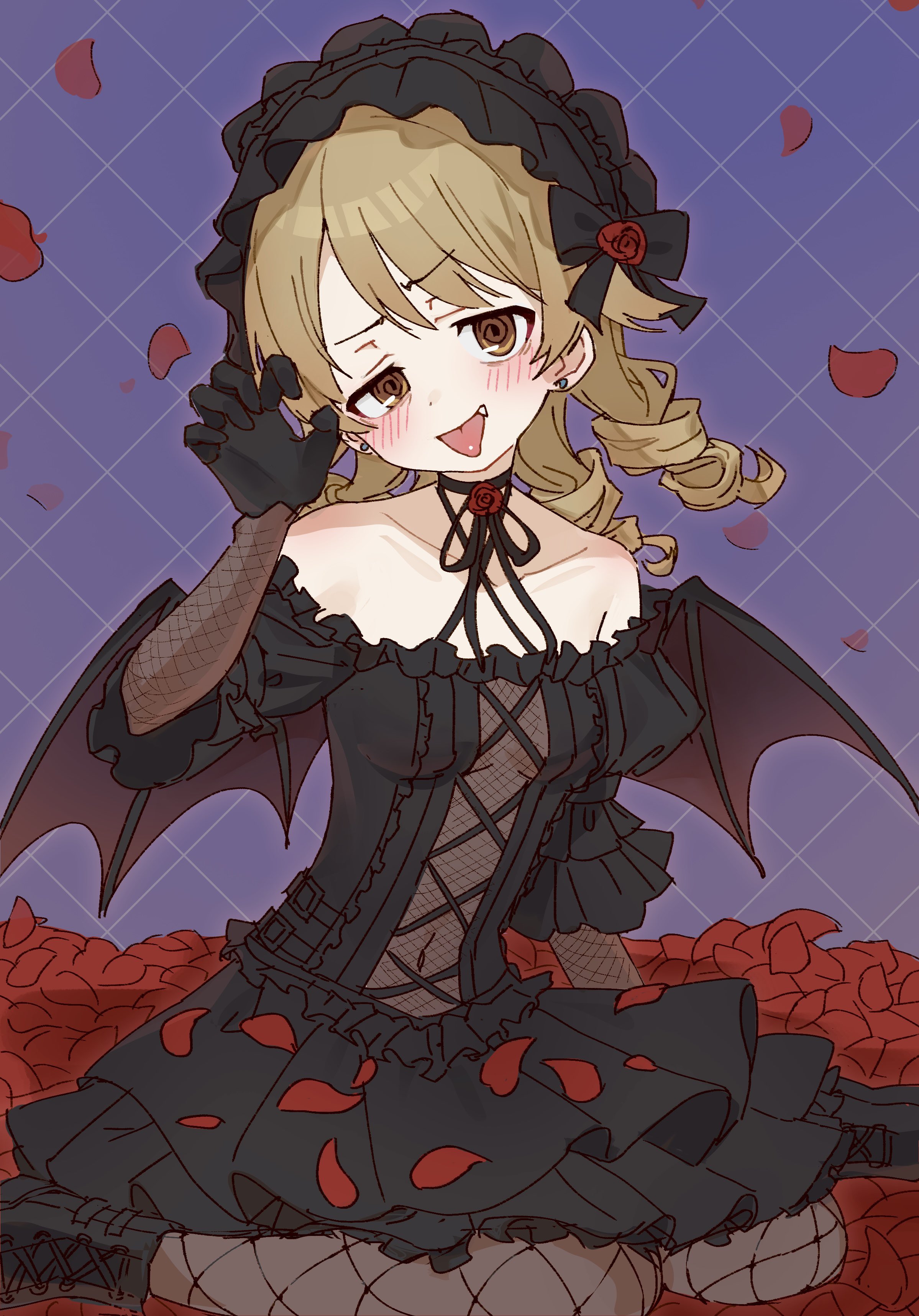 okubatomaeba, morikubo nono, idolmaster, idolmaster cinderella girls, absurdres, commentary request, highres, 1girl, @ @, bare shoulders, black boots, black dress, black gloves, blush, boots, breasts, brown eyes, brown hair, brown pantyhose, choppy bangs, claw pose, collarbone, covered navel, dress, drill hair, earrings, fang, fishnet pantyhose, fishnets, full body, gloves, hand up, jewelry, layered sleeves, long hair, long sleeves, looking at viewer, open mouth, pantyhose, petals, purple background, raised eyebrow, red petals, rose petals, short dress, short over long sleeves, short sleeves, sitting, small breasts, smile, solo, stud earrings, tongue, tongue out, yokozuwari