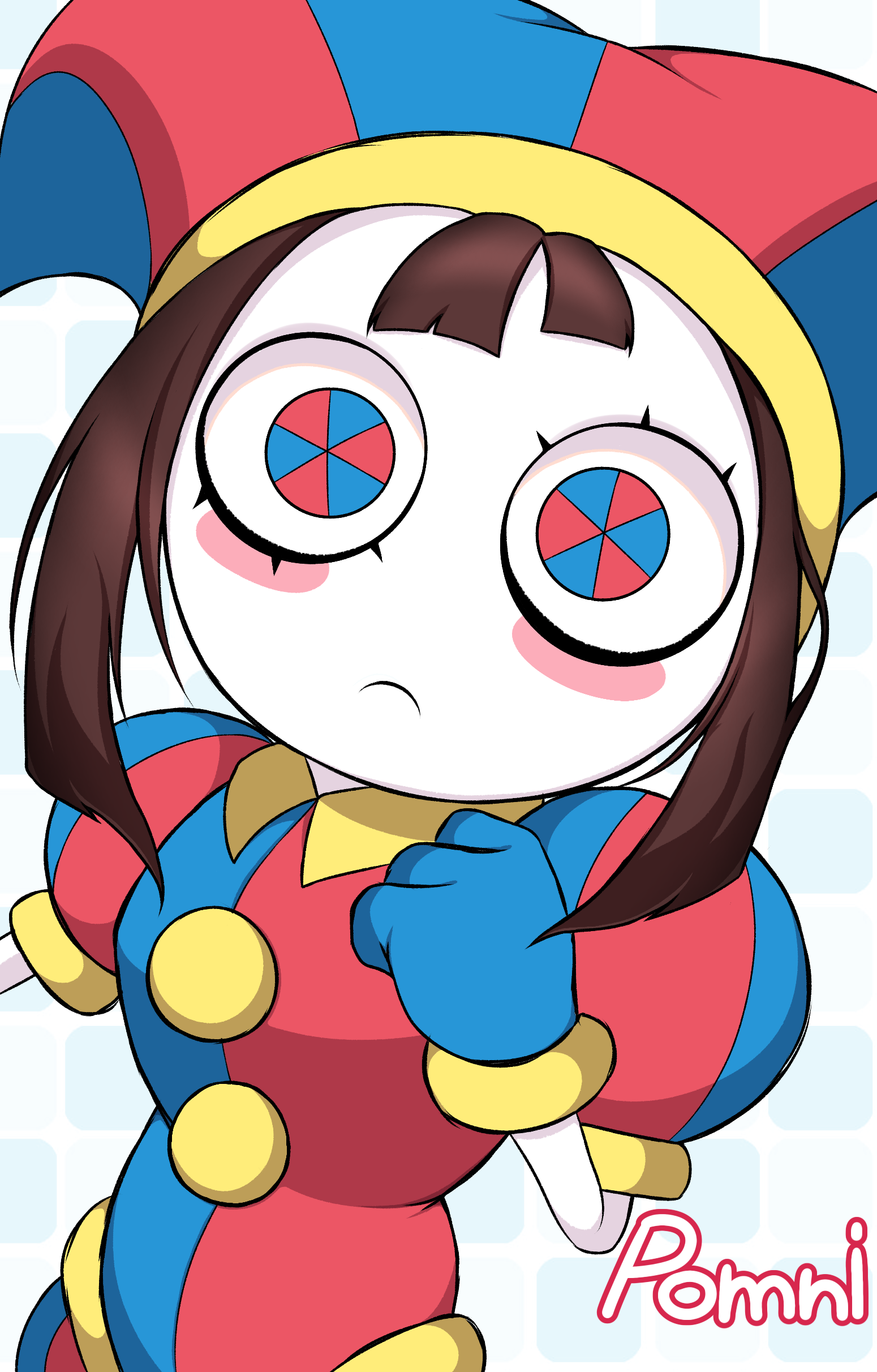 mikoto000813, pomni (the amazing digital circus), the amazing digital circus, 1girl, blush, brown hair, character name, clenched hand, collar, eyelashes, frown, hat, jester, jester cap, jester costume, jester girl, looking at viewer, multicolored eyes, simple background