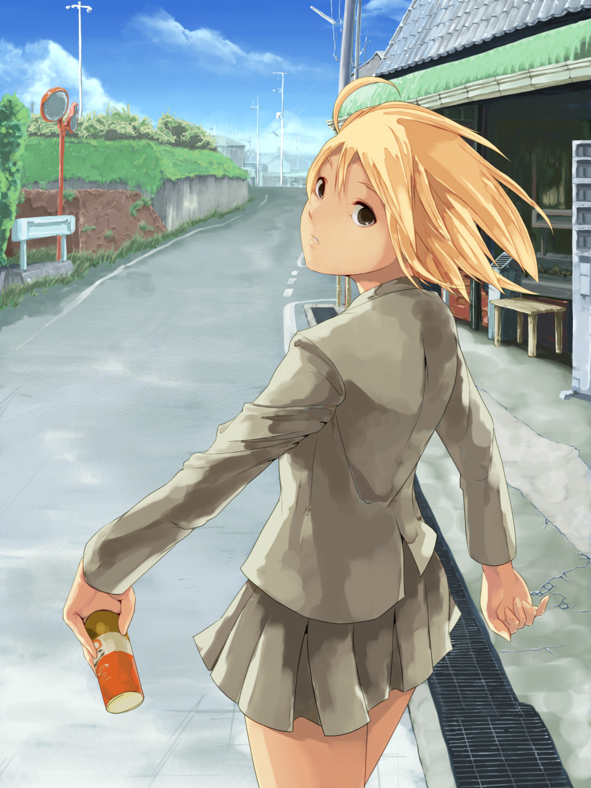 hako (daibanchou), original, highres, 1girl, ahoge, blazer, blonde hair, brown eyes, can, canned coffee, cloud, crack, day, dress, drink, drink can, female focus, from behind, grass, jacket, looking at viewer, looking back, mirror, parted lips, pleated skirt, power lines, road, shop, short hair, skirt, sky, solo, street, traffic mirror, utility pole, vanishing point, vending machine