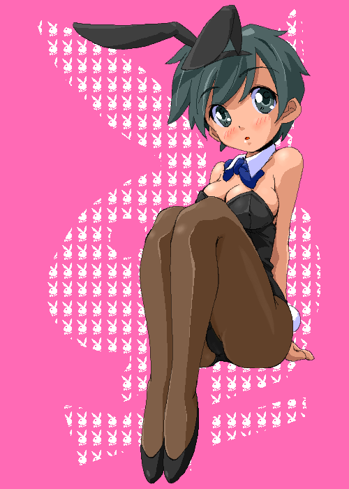 shino (pharmacy), animal ears, detached collar, fake animal ears, green hair, grey eyes, pantyhose, playboy bunny, rabbit ears, short hair, solo