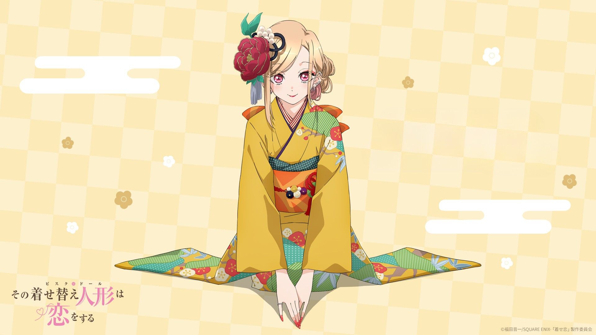 sono bisque doll wa koi wo suru, commentary request, highres, official art, 1girl, blonde hair, closed mouth, copyright name, ear piercing, earrings, flower, full body, hair flower, hair ornament, japanese clothes, jewelry, kimono, kneeling, piercing, red eyes, red flower, red lips, smile, solo, yellow kimono