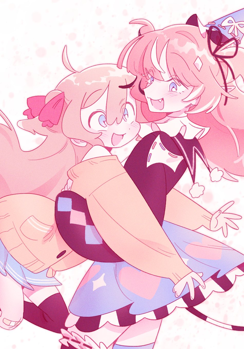 koilccc, camila (vtuber), neuro-sama, vedal ai, highres, 2girls, :d, ahoge, arms around waist, bandaid, bandaid on knee, bandaid on leg, black ribbon, black socks, blonde hair, blue eyes, blue skirt, blunt bangs, cardigan, colored eyelashes, diamond hair ornament, double-parted bangs, dress, fang, floating hair, glomp, hair between eyes, hair ornament, hair ribbon, heart, heart print, hug, jumping, long hair, long sleeves, looking at another, mini party hat, miniskirt, mismatched eyelashes, multicolored hair, multiple girls, neck ruff, off-shoulder capelet, open mouth, outstretched arms, pastel colors, pink hair, pleated skirt, pom pom (clothes), puffy long sleeves, puffy sleeves, purple eyes, red ribbon, ribbon, short dress, single hair intake, single thighhigh, skirt, sleeves past wrists, smile, socks, streaked hair, thighhighs, two side up, white background, white eyelashes, white hair, yellow cardigan