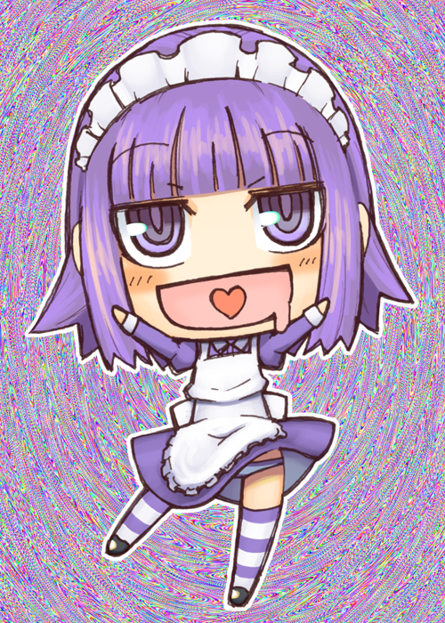 jingai modoki, yakui, futaba channel, nijiura maids, bad id, bad pixiv id, 1girl, blush, female focus, heart, maid headdress, panties, pantyshot, purple eyes, purple hair, saliva, short hair, solo, striped clothes, striped thighhighs, thighhighs, underwear