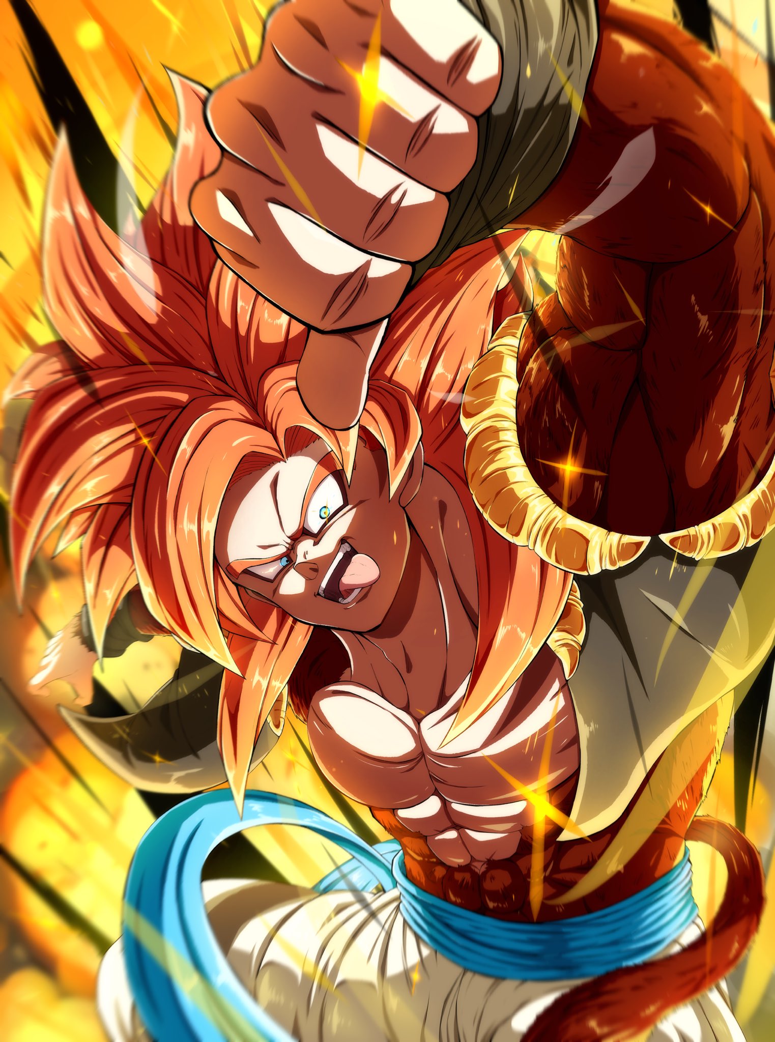 no10hei30, gogeta, dragon ball, dragon ball gt, commentary request, highres, 1boy, aura, black vest, blue eyes, blue sash, body fur, brown fur, brown tail, cowboy shot, cropped vest, long hair, male focus, metamoran vest, monkey tail, muscular, muscular male, no shirt, open mouth, pants, red hair, sash, solo, spiked hair, super saiyan, super saiyan 4, tail, thumbs down, tongue, tongue out, vest, white pants