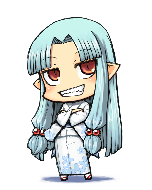jingai modoki, kiriha (tsugumomo), tsugumomo, bad id, bad pixiv id, 1girl, blue hair, blush, brown eyes, chibi, crossed arms, female focus, grin, japanese clothes, kimono, long hair, pointy ears, simple background, slit pupils, smile, solo, standing, white background
