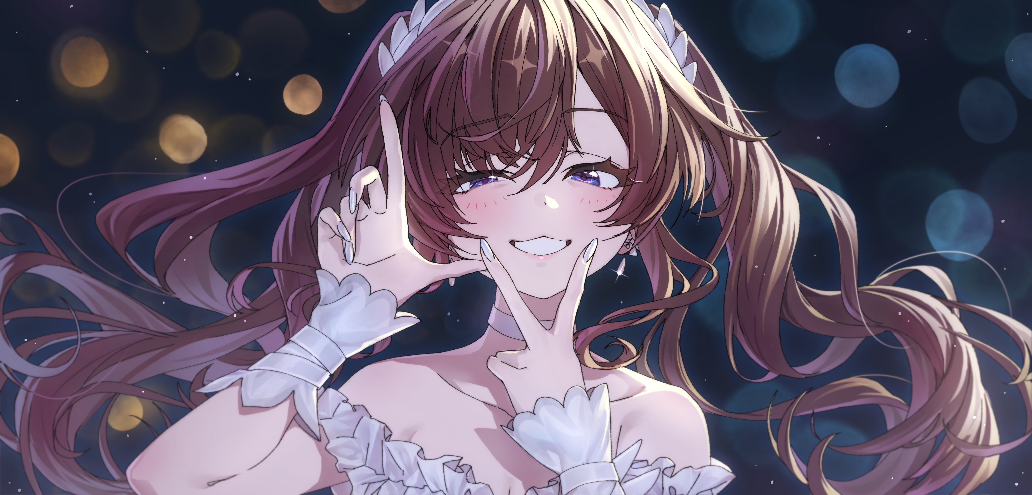 okubatomaeba, ichinose shiki, idolmaster, idolmaster cinderella girls, absurdres, commentary, english commentary, highres, 1girl, bare shoulders, blue background, blue eyes, blurry, blurry background, brown hair, collarbone, dress, fingernails, floating hair, hair between eyes, half-closed eyes, hands up, long hair, looking at viewer, nail polish, parted bangs, smile, solo, upper body, v, v over mouth, white dress, white nails