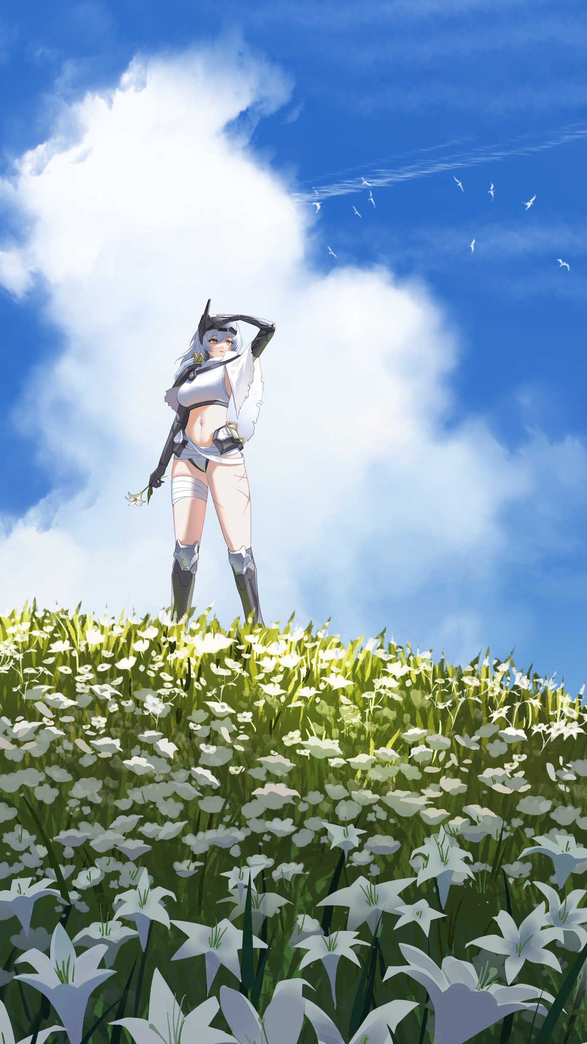 kimright0, snow white (heavy arms) (nikke), snow white (nikke), goddess of victory: nikke, commentary request, highres, korean commentary, 1girl, bandaged waist, bird, blue sky, cloak, cloud, field, flower, flower field, holding, holding flower, lily (flower), mechanical arms, official alternate costume, official alternate design, outdoors, scar, scar on thighs, sky, solo, torn cloak, torn clothes, white cloak, white flower
