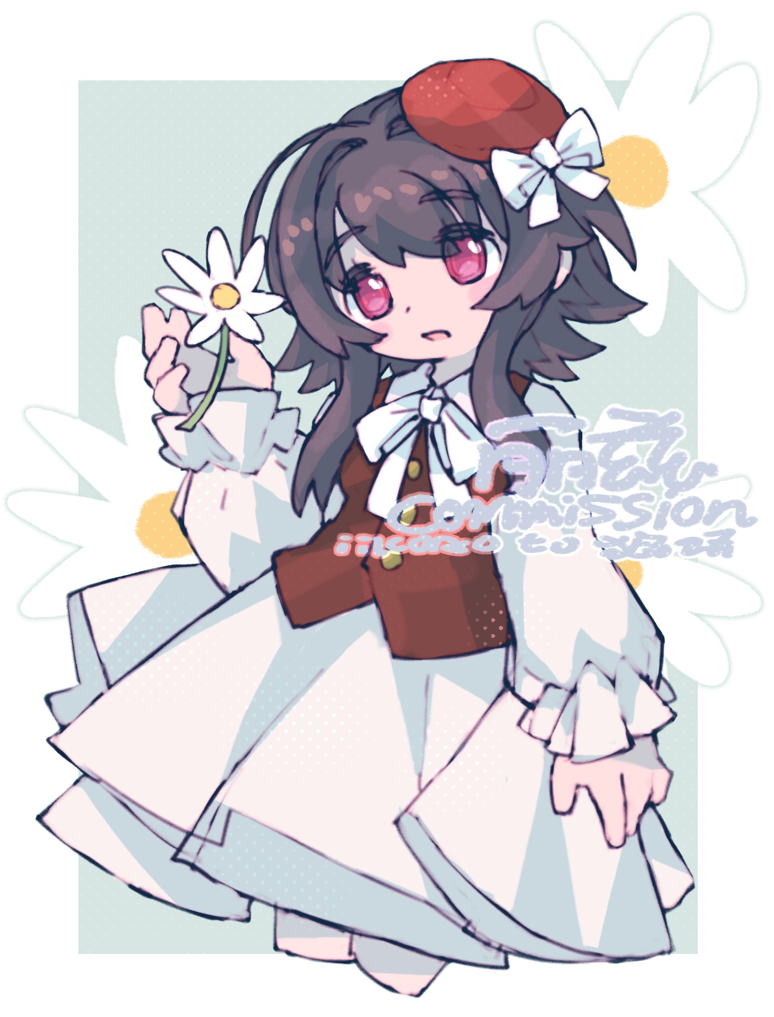iikoao, character request, commentary, commission, copyright request, english commentary, highres, 1girl, black hair, blush stickers, brown vest, cowboy shot, daisy (flower), dress, flower, hat, red eyes, red hat, short hair, solo, vest, white dress
