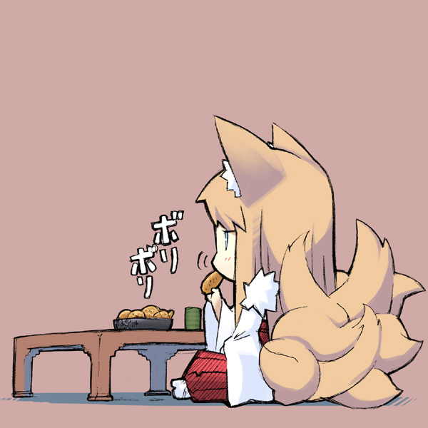 jingai modoki, bad id, bad pixiv id, 1girl, animal ears, blush, brown hair, chabudai, chibi, cookie, cup, eating, female focus, food, fox, fox ears, japanese clothes, kimono, kitsune, kotatsu, kyuubi, long hair, miko, multiple tails, simple background, sitting, solo, table, tail, yunomi