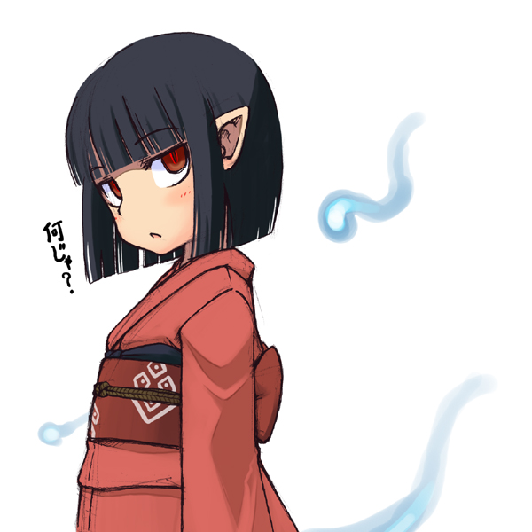 jingai modoki, akaname, akaname-san, original, bad id, bad pixiv id, translated, 1girl, black hair, blunt bangs, blush, bob cut, child, female focus, hime cut, hitodama, japanese clothes, kimono, pointy ears, profile, red eyes, short hair, solo