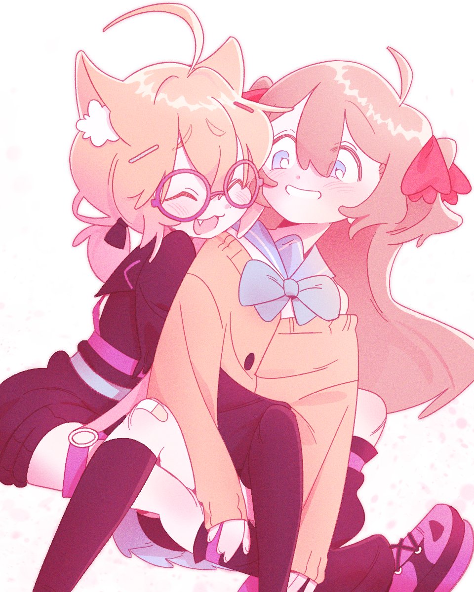 koilccc, minikomew, neuro-sama, vedal ai, highres, 2girls, :3, ahoge, animal ear fluff, animal ears, aqua bow, aqua bowtie, bandaid, bandaid on knee, bandaid on leg, black dress, black ribbon, black shoes, black socks, blonde hair, blue eyes, blue sailor collar, bow, bowtie, brown hair, cardigan, cat ears, cat girl, cat tail, cheek-to-cheek, closed eyes, double-parted bangs, dress, dutch angle, fang, glasses, grin, hair between eyes, hair ornament, hair ribbon, hairclip, heads together, hug, hug from behind, knee up, knees up, long hair, long sleeves, looking at another, low twintails, multiple girls, o-ring, o-ring thigh strap, open mouth, pink-framed eyewear, pink shoes, raised eyebrows, red ribbon, ribbon, round eyewear, sailor collar, shoes, sitting, sleeves past wrists, smile, socks, tail, thick eyebrows, thigh strap, twintails, virtual youtuber, white background, yellow cardigan