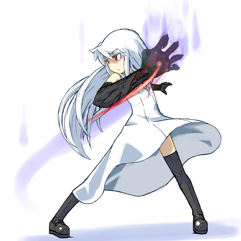 jingai modoki, original, bad id, bad pixiv id, 1girl, dress, female focus, flat chest, glowing, long hair, monster girl, red eyes, solo, thighhighs, white hair