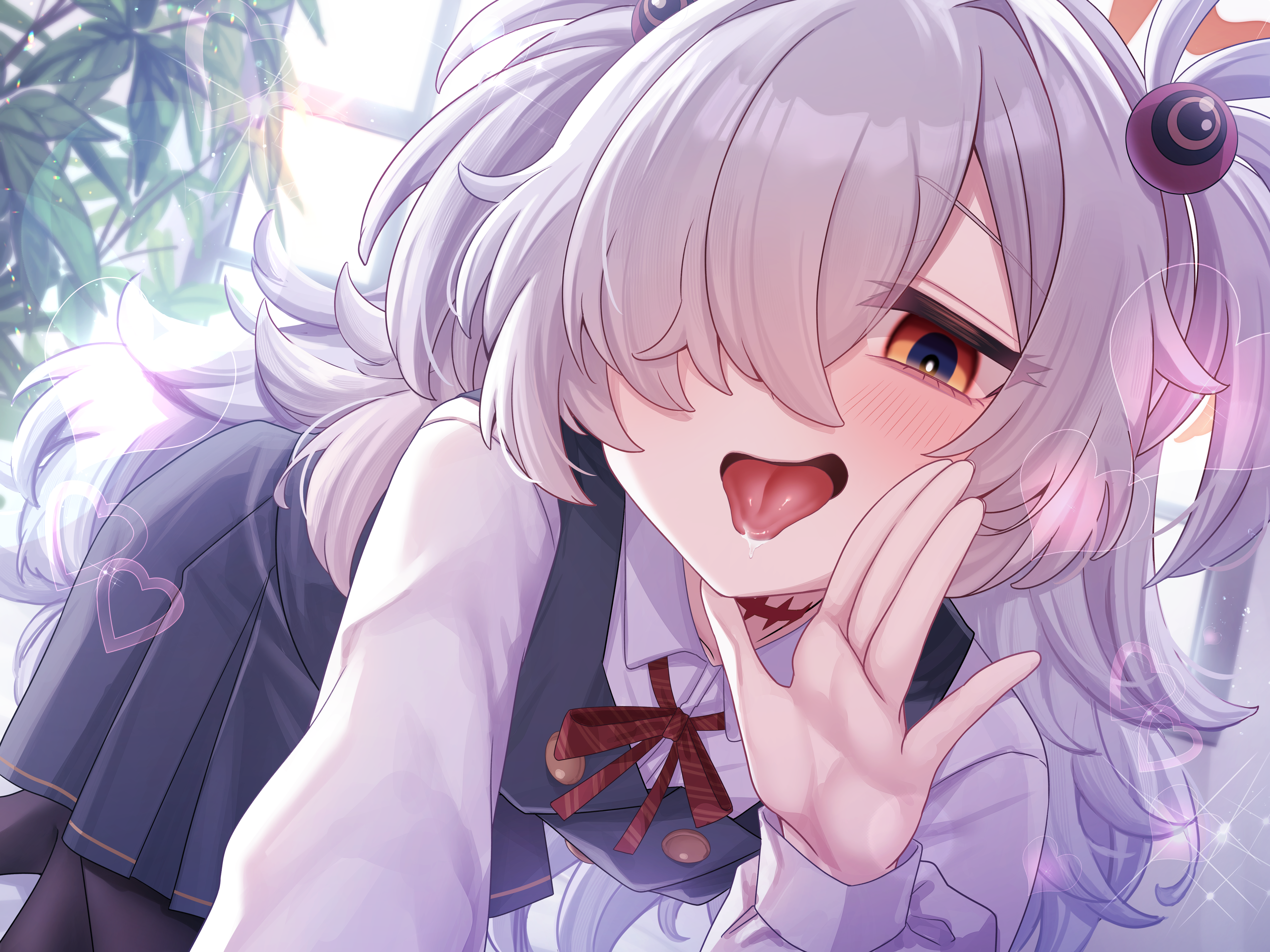 uko magi, kanoe (blue archive), blue archive, absurdres, commentary request, highres, 1girl, black pants, blush, collared shirt, dress, grey dress, grey hair, hair bobbles, hair ornament, hair over one eye, long hair, neck ribbon, orange eyes, pants, pinafore dress, red ribbon, ribbon, shirt, sleeveless, sleeveless dress, solo, tongue, tongue out, two side up, white shirt