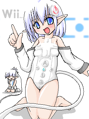 artist request, lowres, blue eyes, blue hair, leotard, pointy ears, smile, white theme, wire