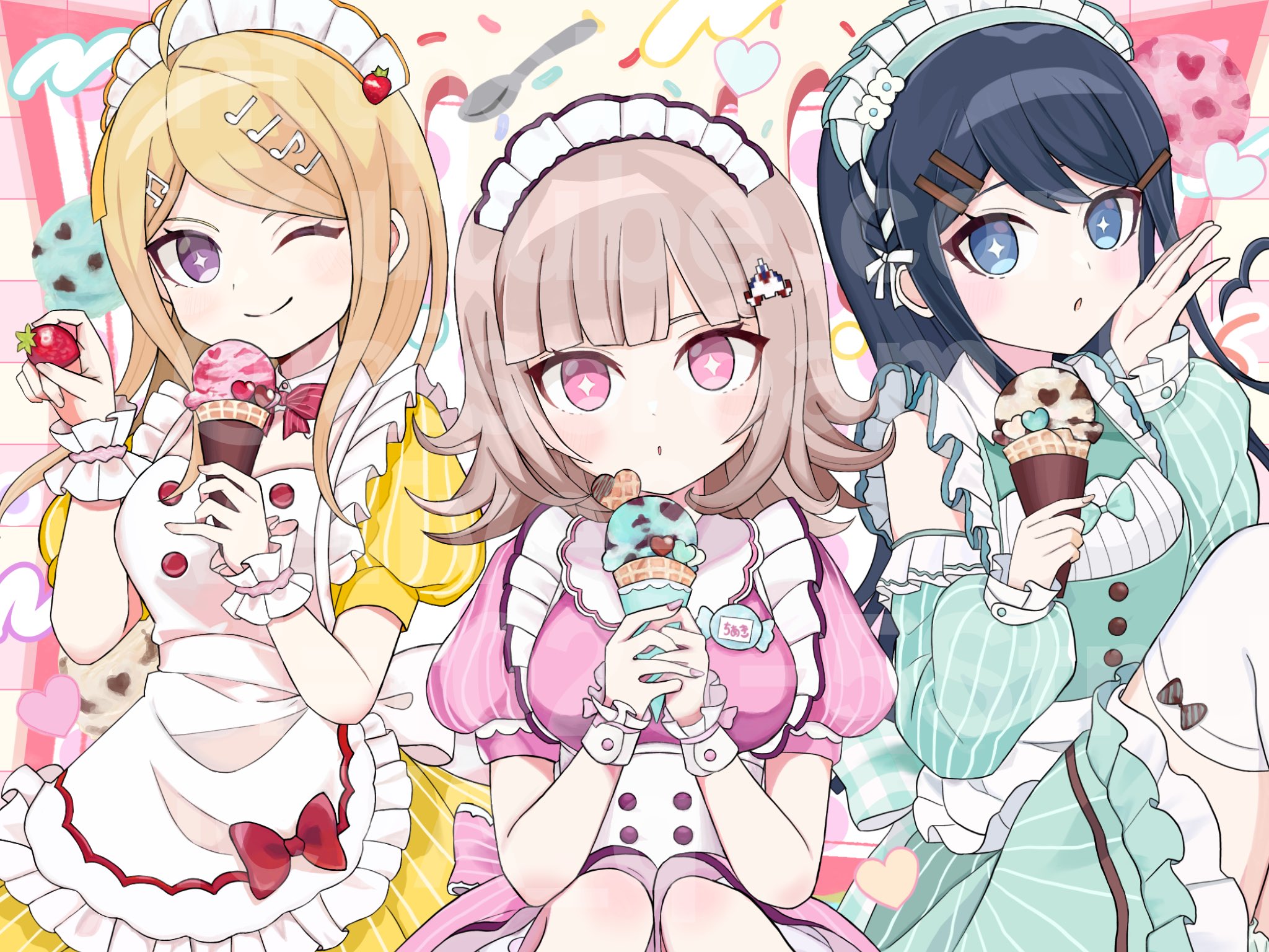 q ten a, akamatsu kaede, kurosawa ruby, maizono sayaka, nanami chiaki, uehara ayumu, wakana shiki, danganronpa: trigger happy havoc, danganronpa (series), danganronpa 2: goodbye despair, danganronpa v3: killing harmony, love live!, love live! nijigasaki high school idol club, love live! sunshine!!, love live! superstar!!, commentary request, highres, revision, 3girls, ;), ai scream! (love live!), aiscream (love live!), alternate costume, apron, aqua dress, breasts, cosplay, dress, enmaided, frilled apron, frills, kurosawa ruby (cosplay), large breasts, maid, maid headdress, multiple girls, one eye closed, pink dress, puffy short sleeves, puffy sleeves, short sleeves, smile, uehara ayumu (cosplay), wakana shiki (cosplay), white apron, yellow dress