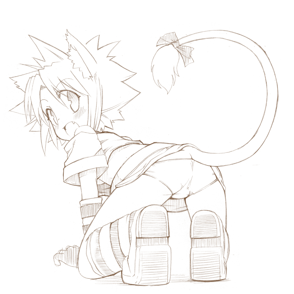 jingai modoki, bad id, bad pixiv id, 1girl, animal ears, ass, blush, fang, female focus, greyscale, kneeling, lion tail, loli, looking back, monochrome, panties, pantyshot, short hair, solo, tail, underwear