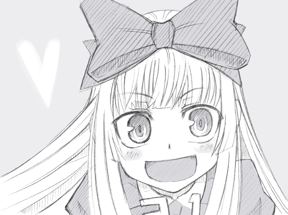 jingai modoki, 3.1-tan, os-tan, bad id, bad pixiv id, blush, child, greyscale, hair ribbon, happy, heart, long hair, monochrome, ribbon, solo