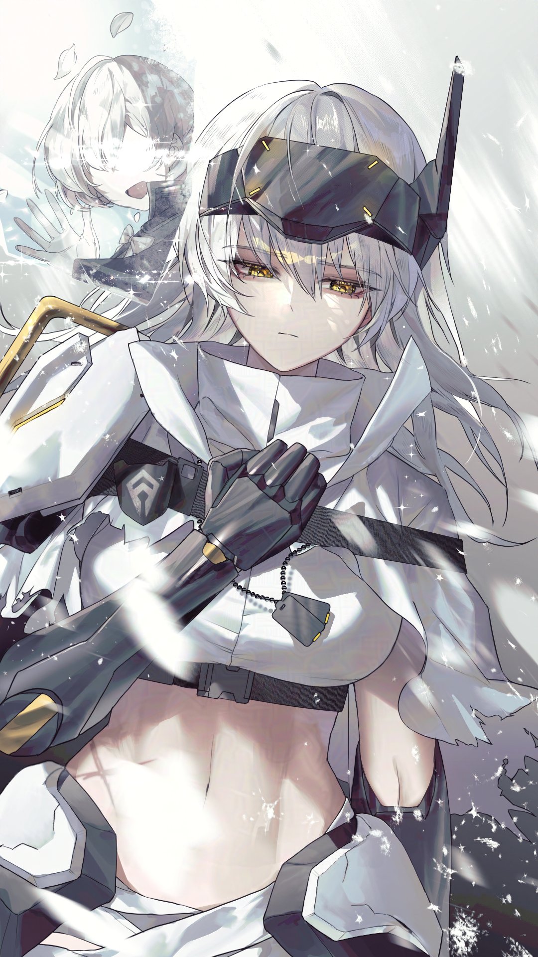 elfav, liliweiss (nikke), snow white (heavy arms) (nikke), snow white (nikke), goddess of victory: nikke, shiny eyes, adversarial noise, commentary request, highres, korean commentary, :d, bandaged waist, cloak, dog tags, faceless, faceless female, head-mounted display, mechanical arms, midriff, navel, official alternate design, open mouth, pilgrim symbol (nikke), scar, scar on stomach, smile, torn cloak, torn clothes, visor (armor), waving, white cloak, white hair, yellow eyes