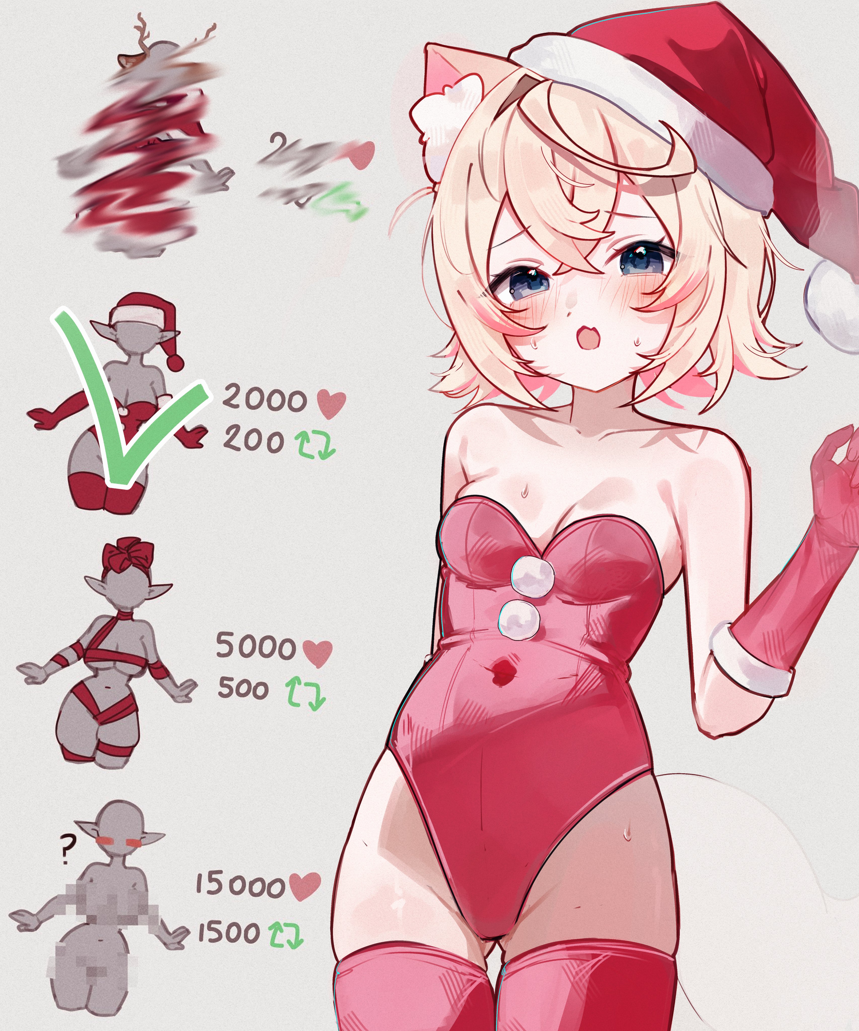 meiwowowo, mococo abyssgard, hololive, hololive english, absurdres, commentary, english commentary, highres, 1girl, animal ear fluff, animal ears, blonde hair, blue eyes, christmas, cowboy shot, dog ears, dog girl, dog tail, grey background, hat, leotard, multicolored hair, pink hair, red hat, red leotard, red thighhighs, santa hat, simple background, solo, strapless, strapless leotard, streaked hair, tail, thighhighs, twitter strip game parody, two-tone hair, virtual youtuber