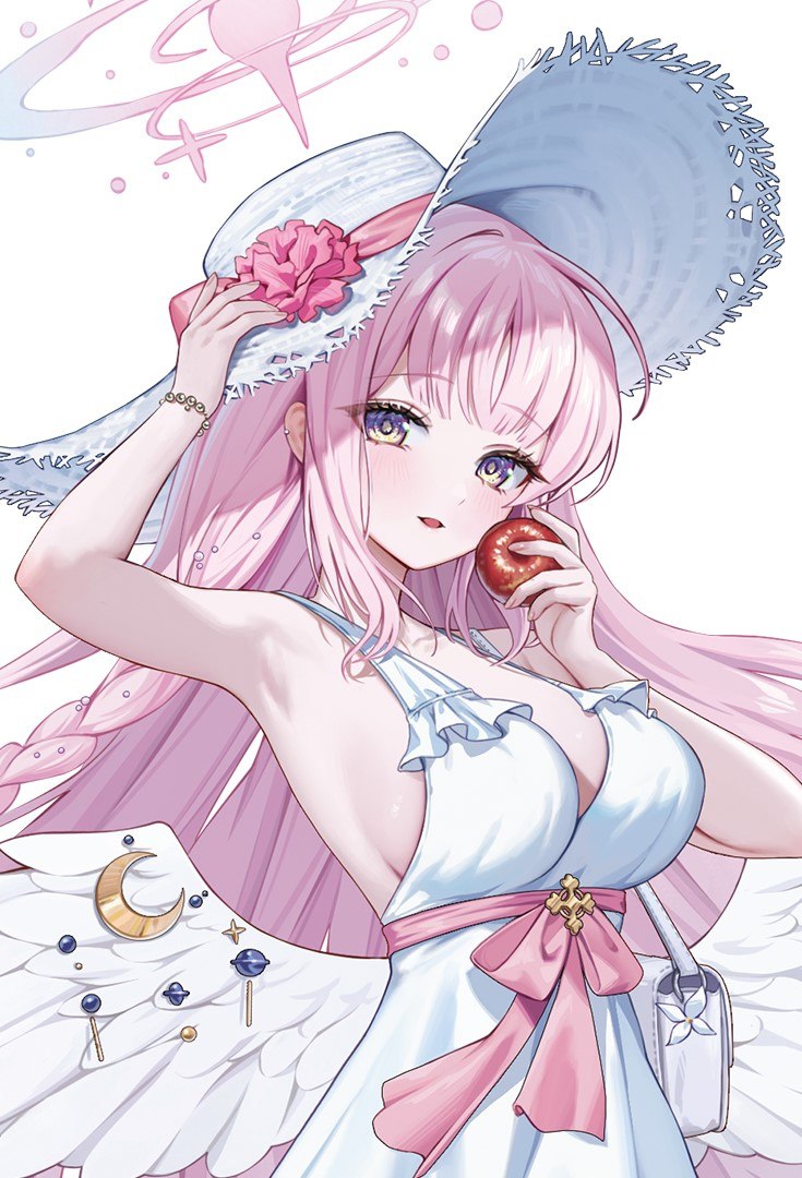 lichiko, mika (blue archive), blue archive, commentary request, cropped, 1girl, armpits, blush, breasts, cleavage, cleavage cutout, clothing cutout, dress, feathered wings, halo, hat, large breasts, looking at viewer, multicolored eyes, open mouth, pink hair, sideboob, smile, sun hat, wings, yellow eyes