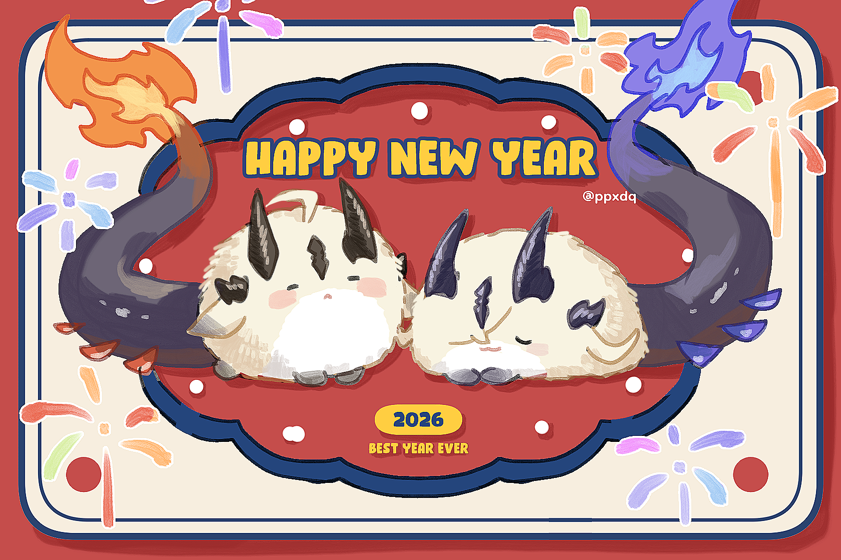 ppxdq, necrass (arknights), reed (arknights), arknights, commentary, highres, 2026, ahoge, blue fire, blush stickers, closed eyes, dragon bubble (arknights), dragon horns, dragon tail, fire, flame-tipped tail, happy new year, horns, new year, no humans, tail, twitter username