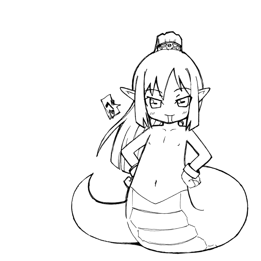 jingai modoki, bad id, bad pixiv id, copyright request, 1girl, blush, female focus, flat chest, greyscale, lamia, loli, long hair, monochrome, monster girl, pointy ears, ponytail, solo, tongue